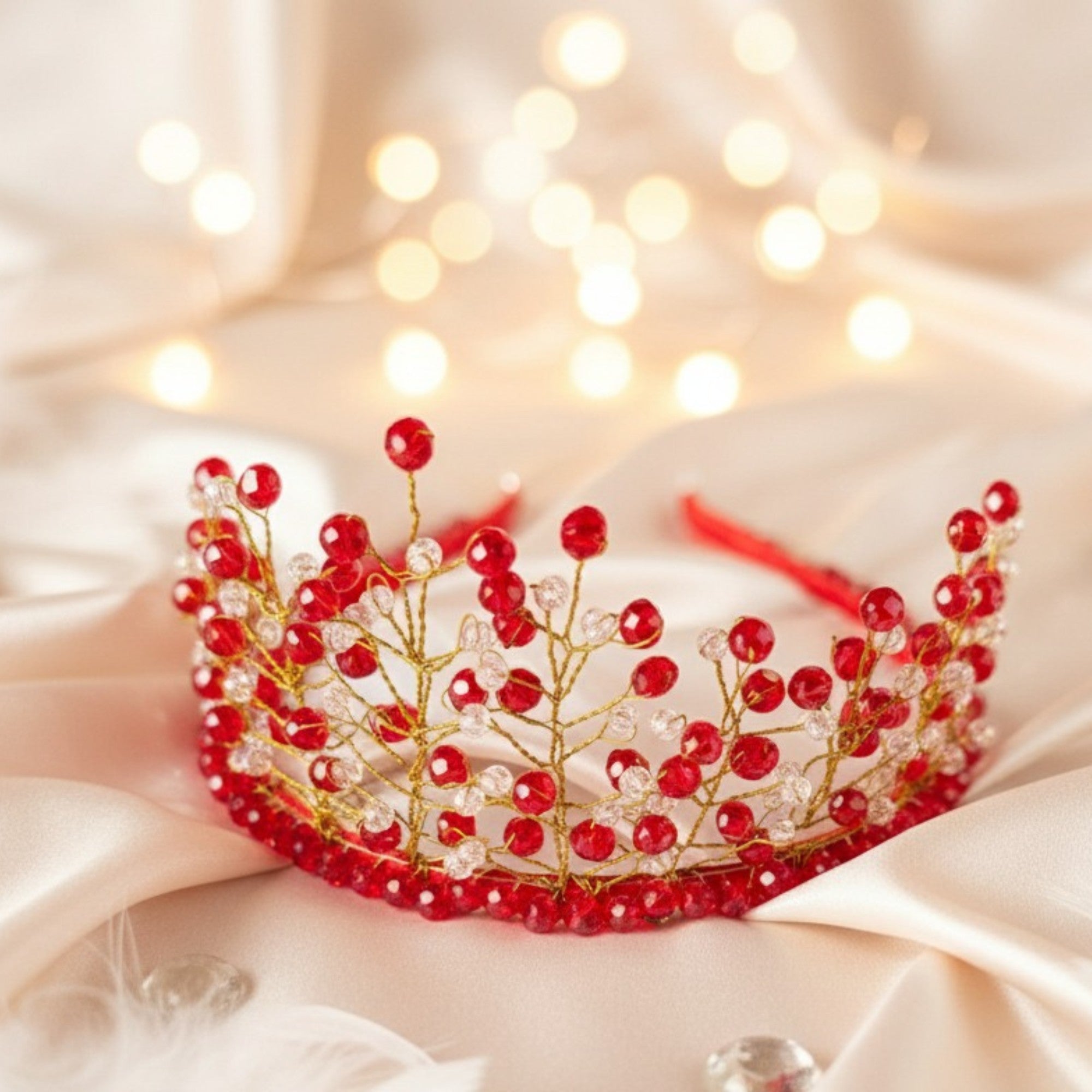 Red Crystal & Gold Wire Bridal Crown – Handmade Wedding Hair Accessory – Golden Blossom
