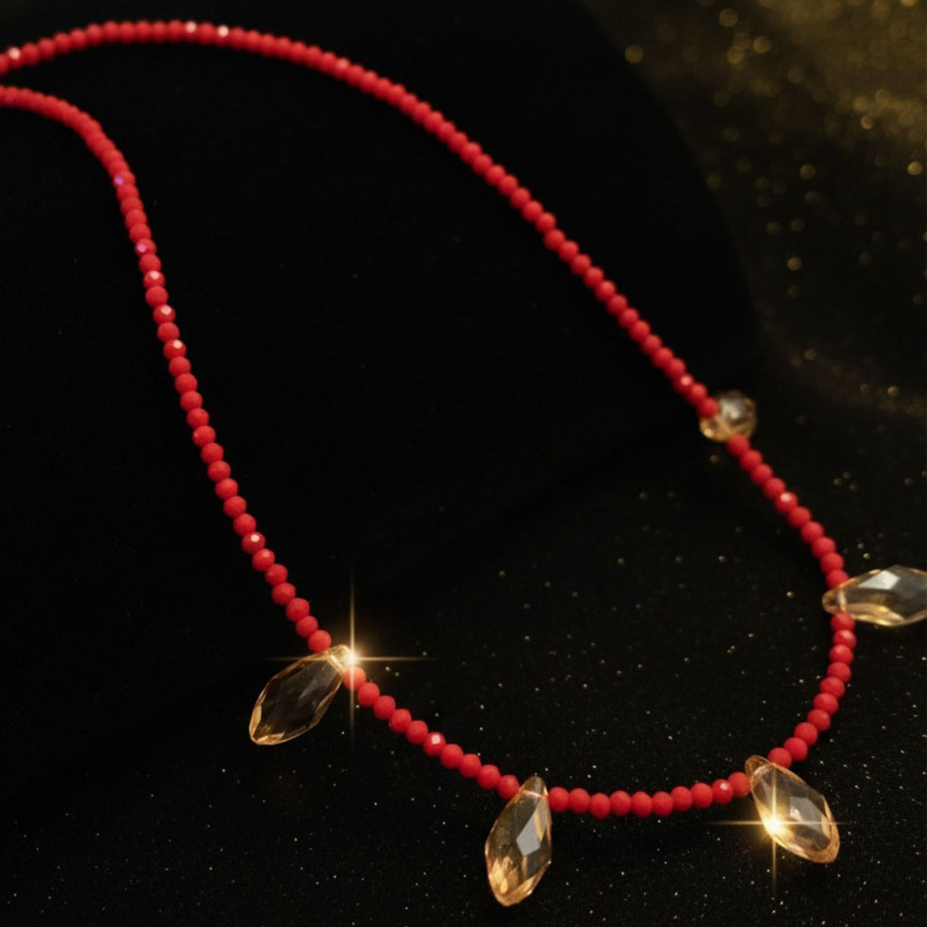 Red Glass Bead Necklace with Amber Drops – Rose Sunset