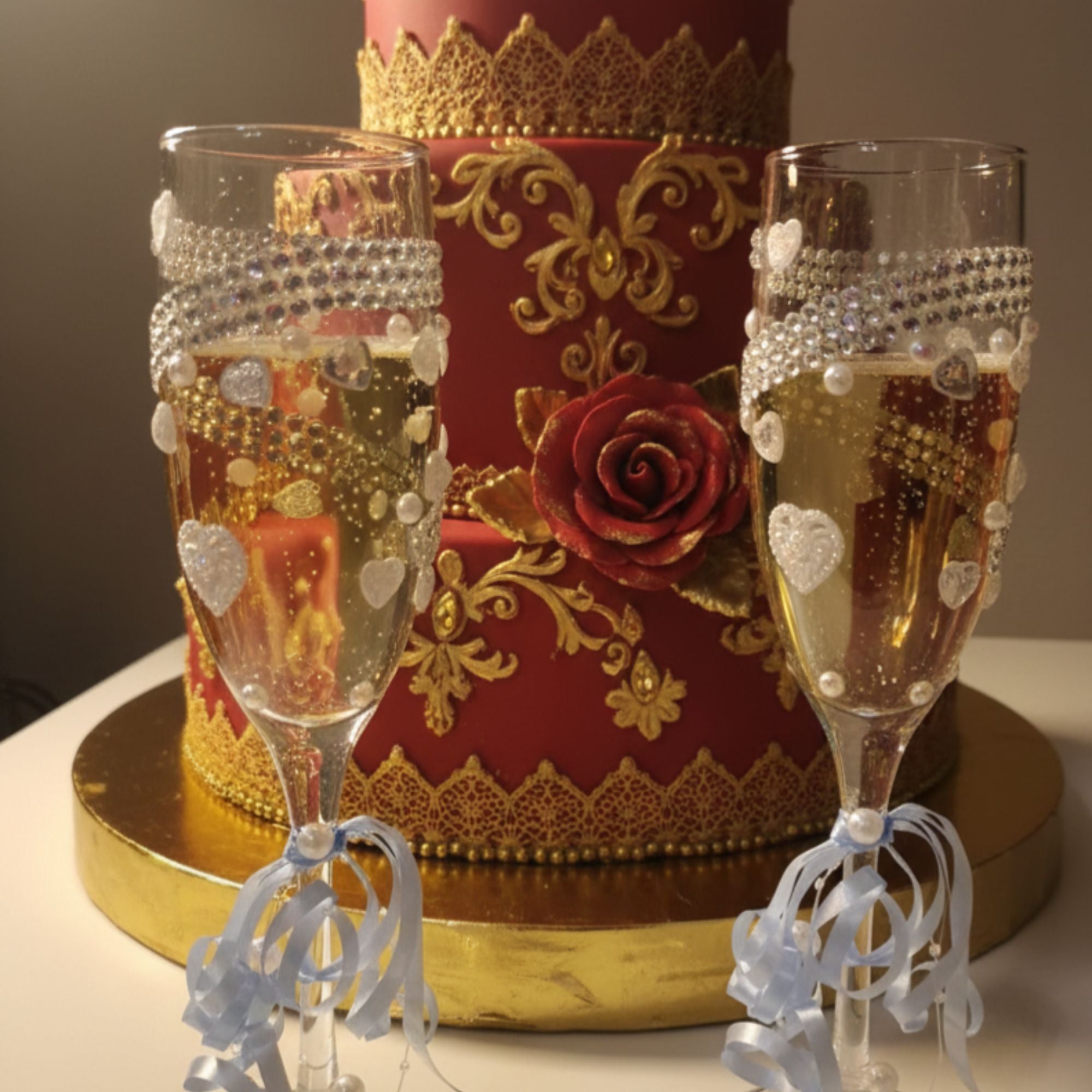 Wedding Champagne Glasses with Sparkling Stones, Pearls & Satin Ribbons – Handmade Romantic Bridal Toast Set – Frosted Hearts