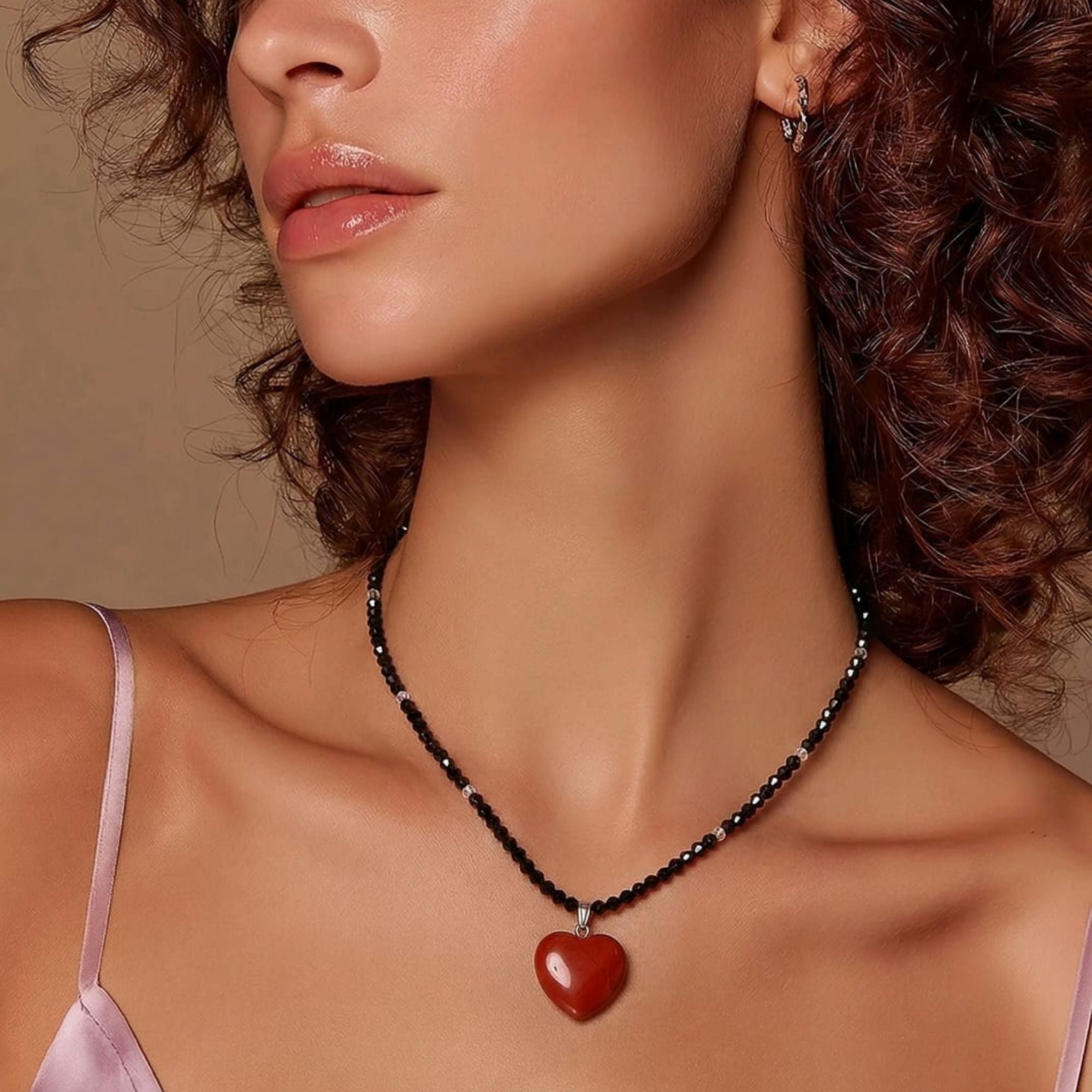 Black Beaded Necklace with Red Jasper Heart – Handmade Minimalist Jewelry – Sirius
