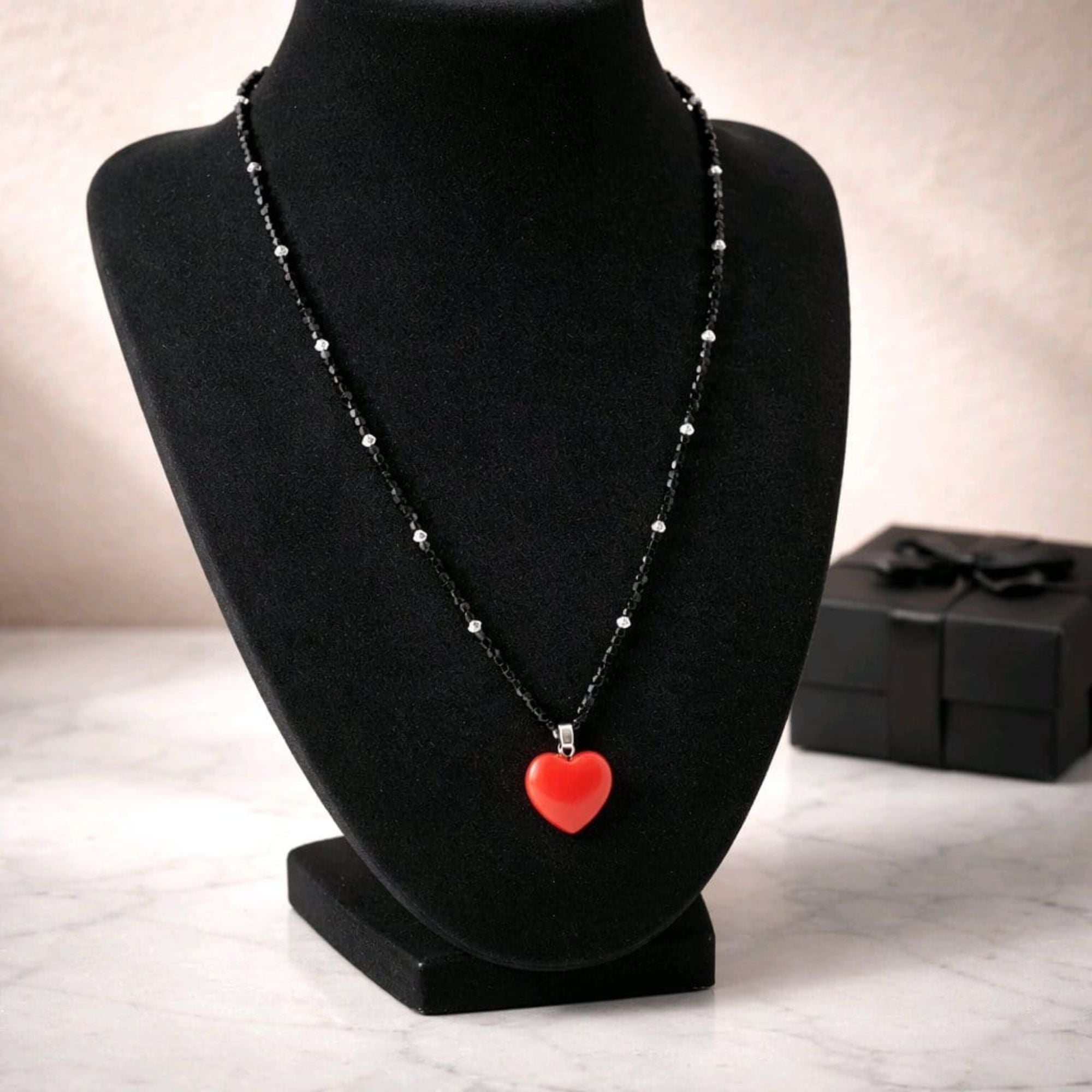 Black Beaded Necklace with Red Jasper Heart – Handmade Minimalist Jewelry – Sirius