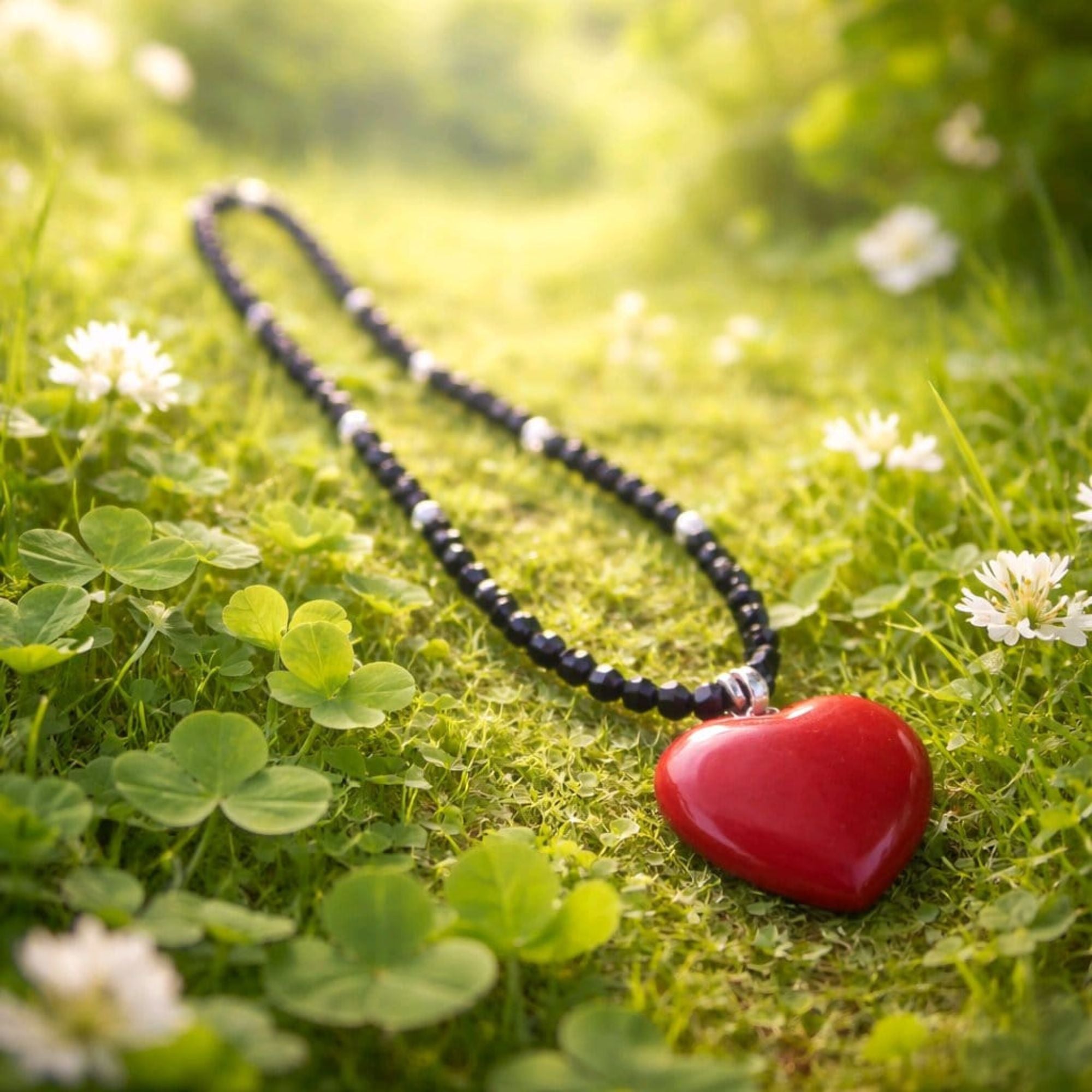 Black Beaded Necklace with Red Jasper Heart – Handmade Minimalist Jewelry – Sirius