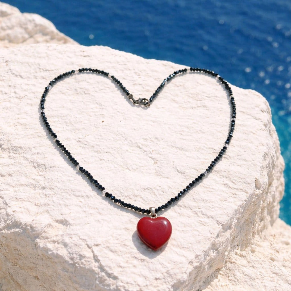 Black Beaded Necklace with Red Jasper Heart – Handmade Minimalist Jewelry – Sirius