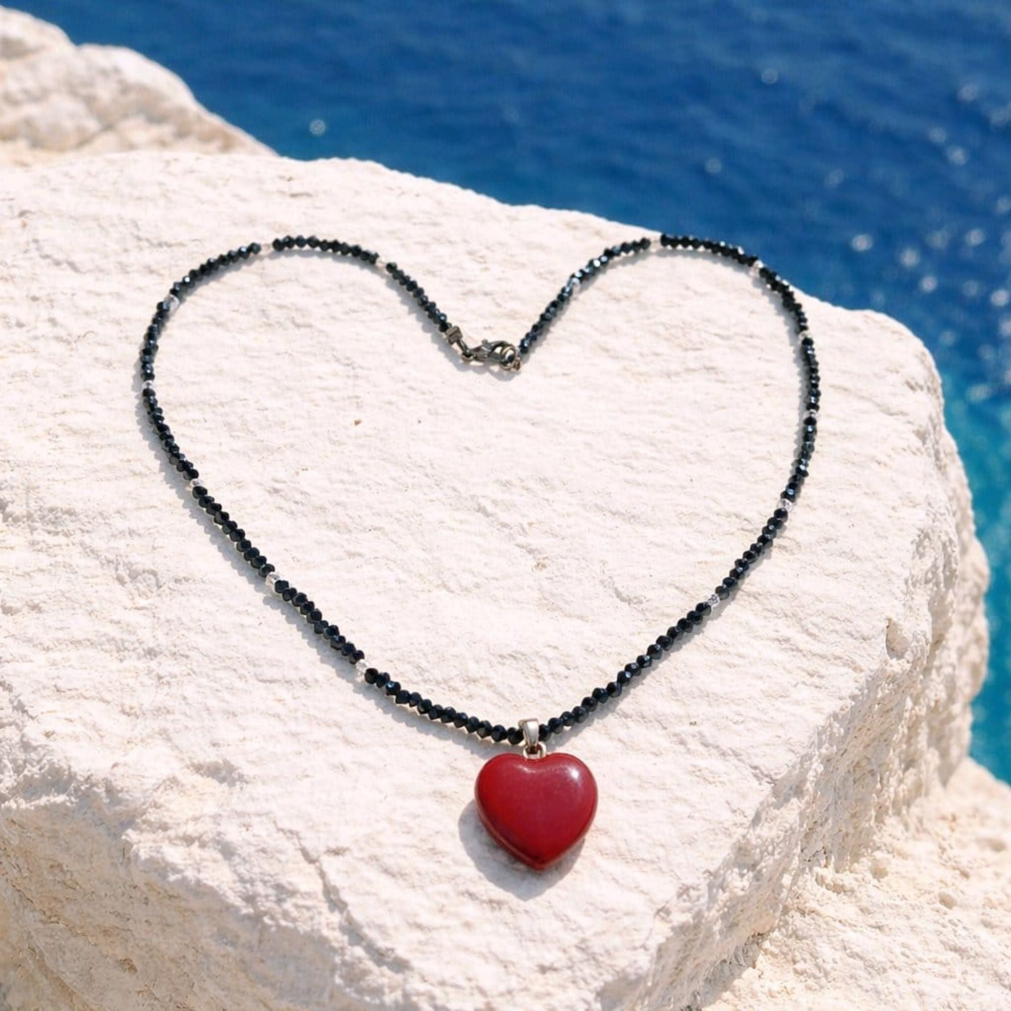 Black Beaded Necklace with Red Jasper Heart – Handmade Minimalist Jewelry – Sirius