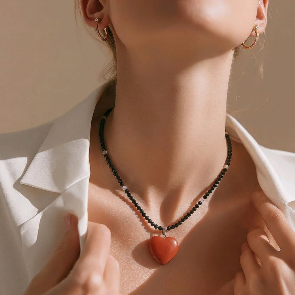Black Beaded Necklace with Red Jasper Heart – Handmade Minimalist Jewelry – Sirius