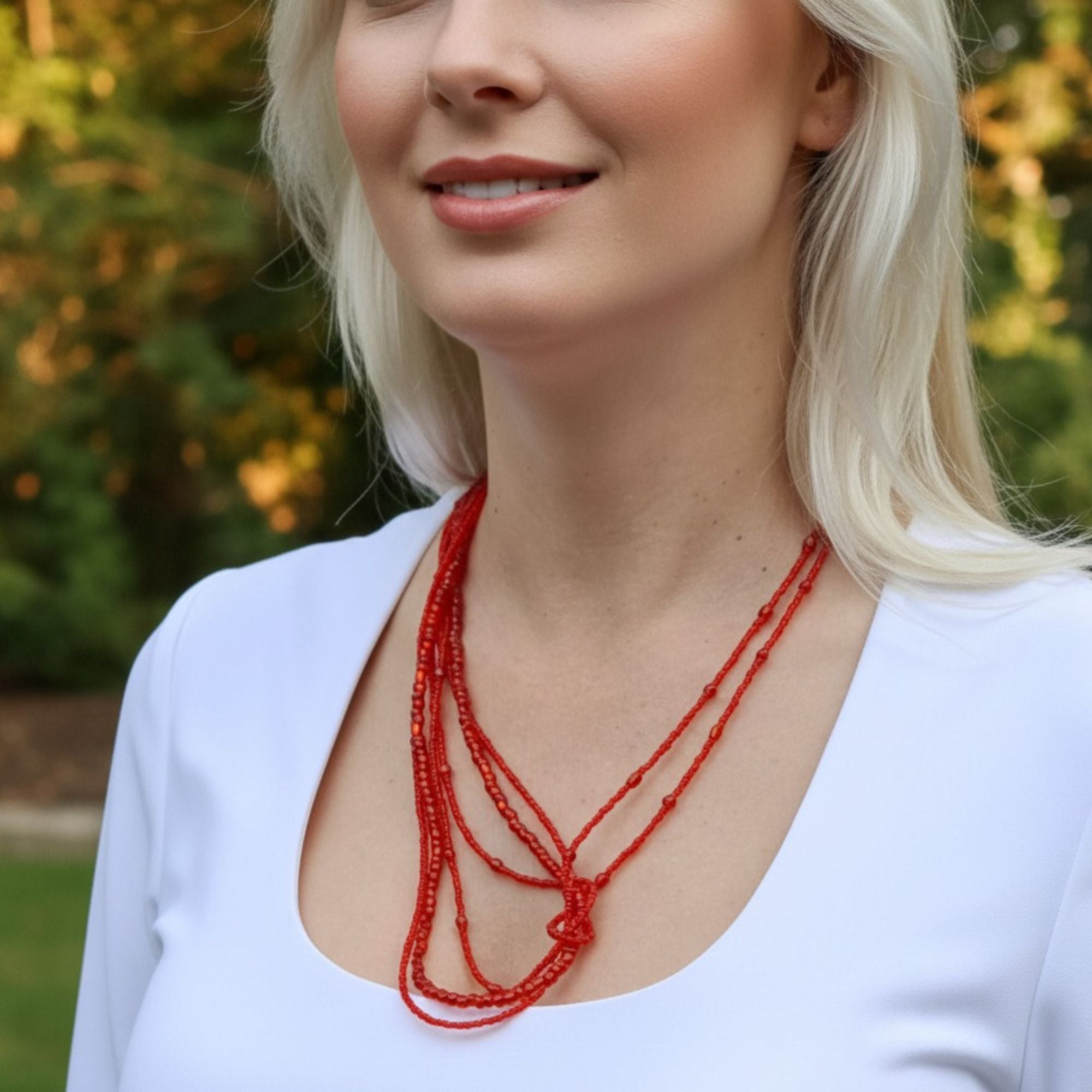 Red Multi-Strand Glass Bead Necklace – Amber Flame
