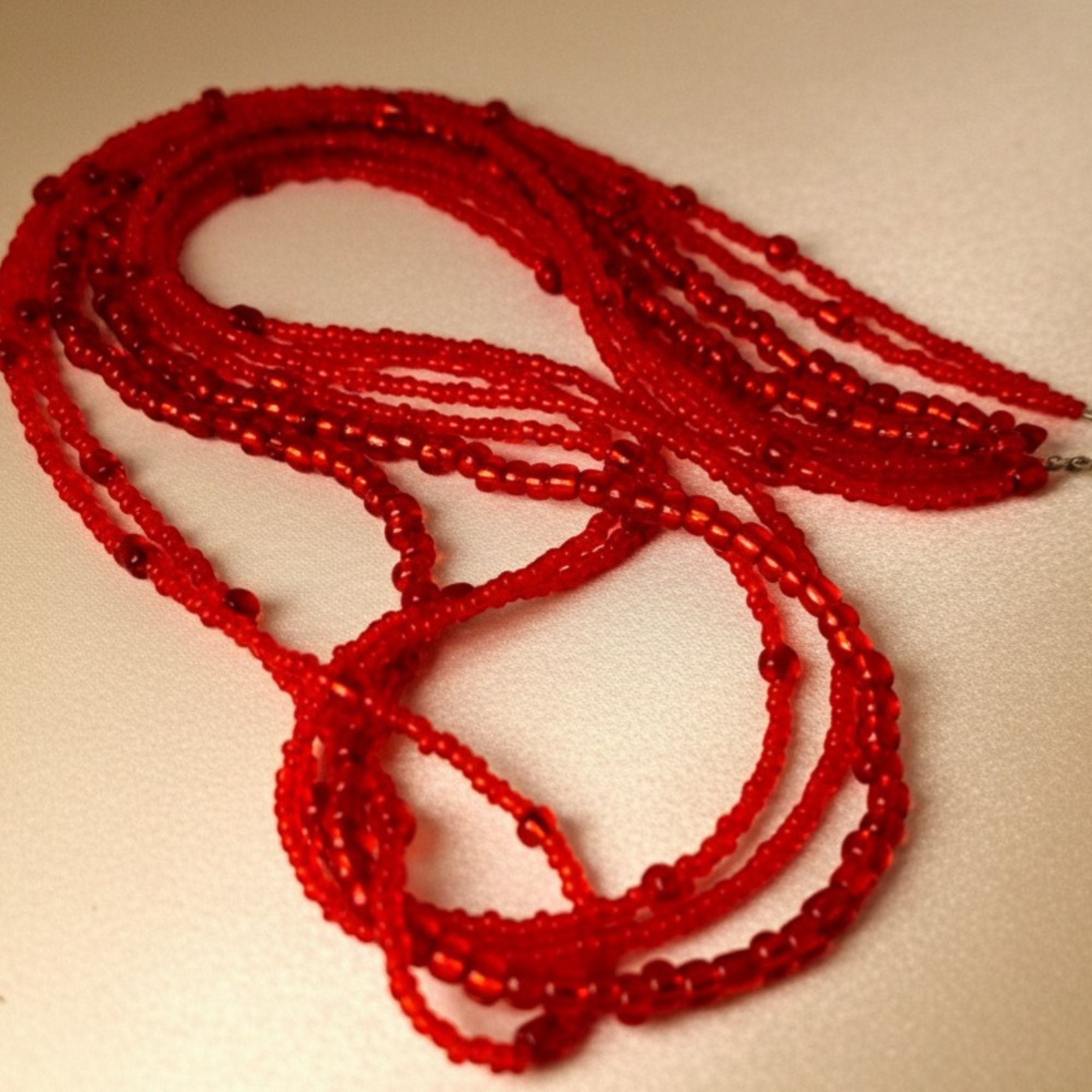 Red Multi-Strand Glass Bead Necklace – Amber Flame