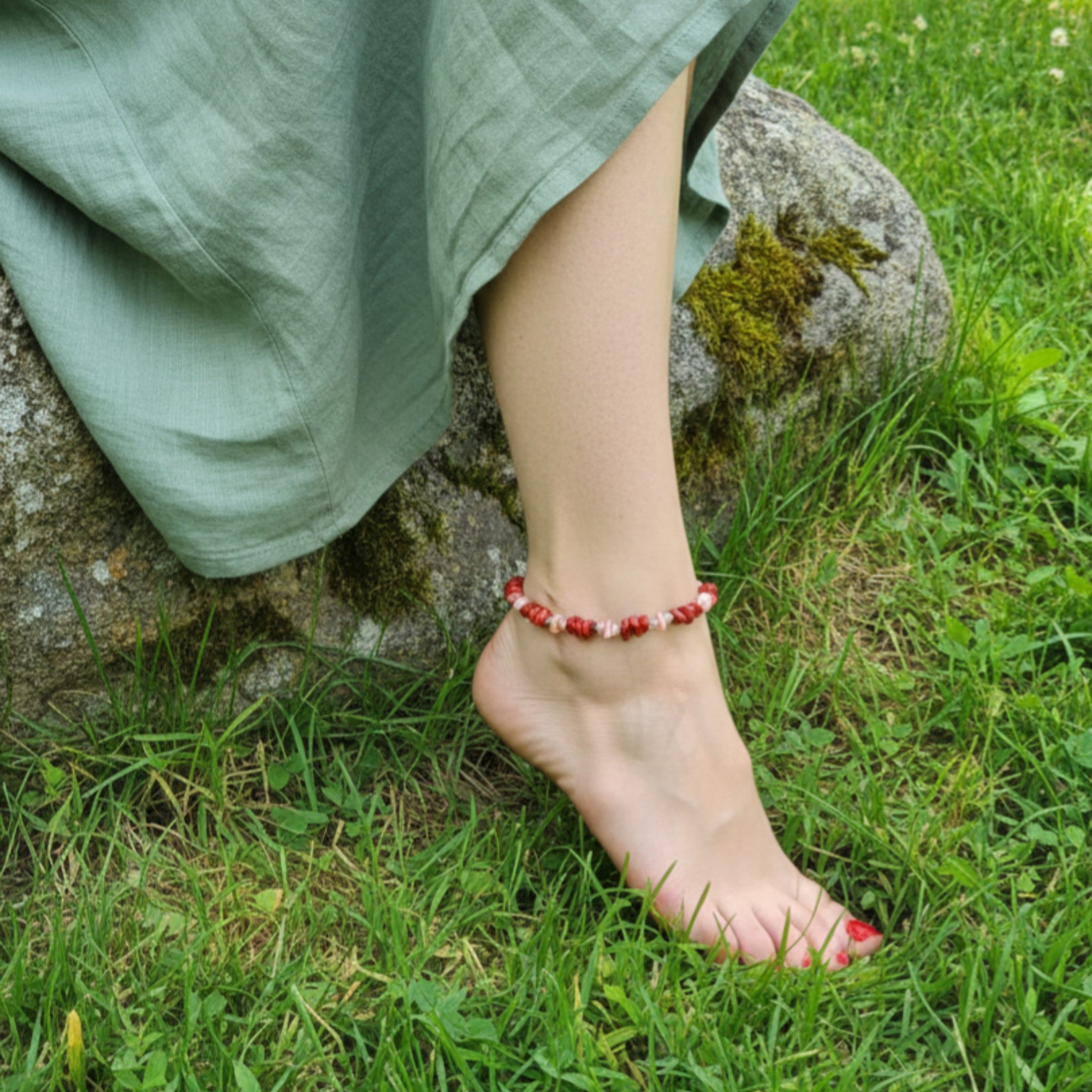 Red & Pink Coral Anklet – Handmade Summer Gemstone Jewelry – Burning Desire