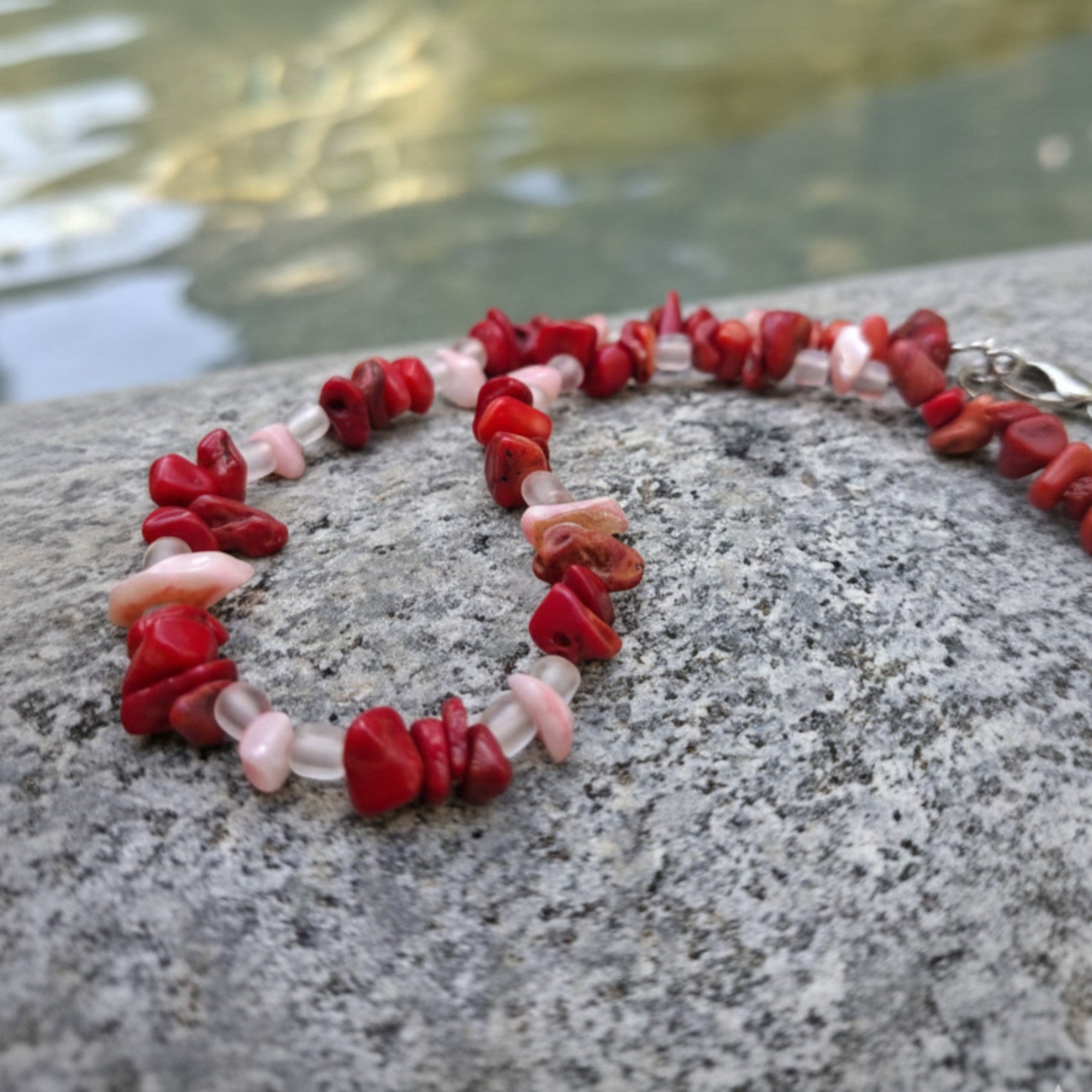 Red & Pink Coral Anklet – Handmade Summer Gemstone Jewelry – Burning Desire