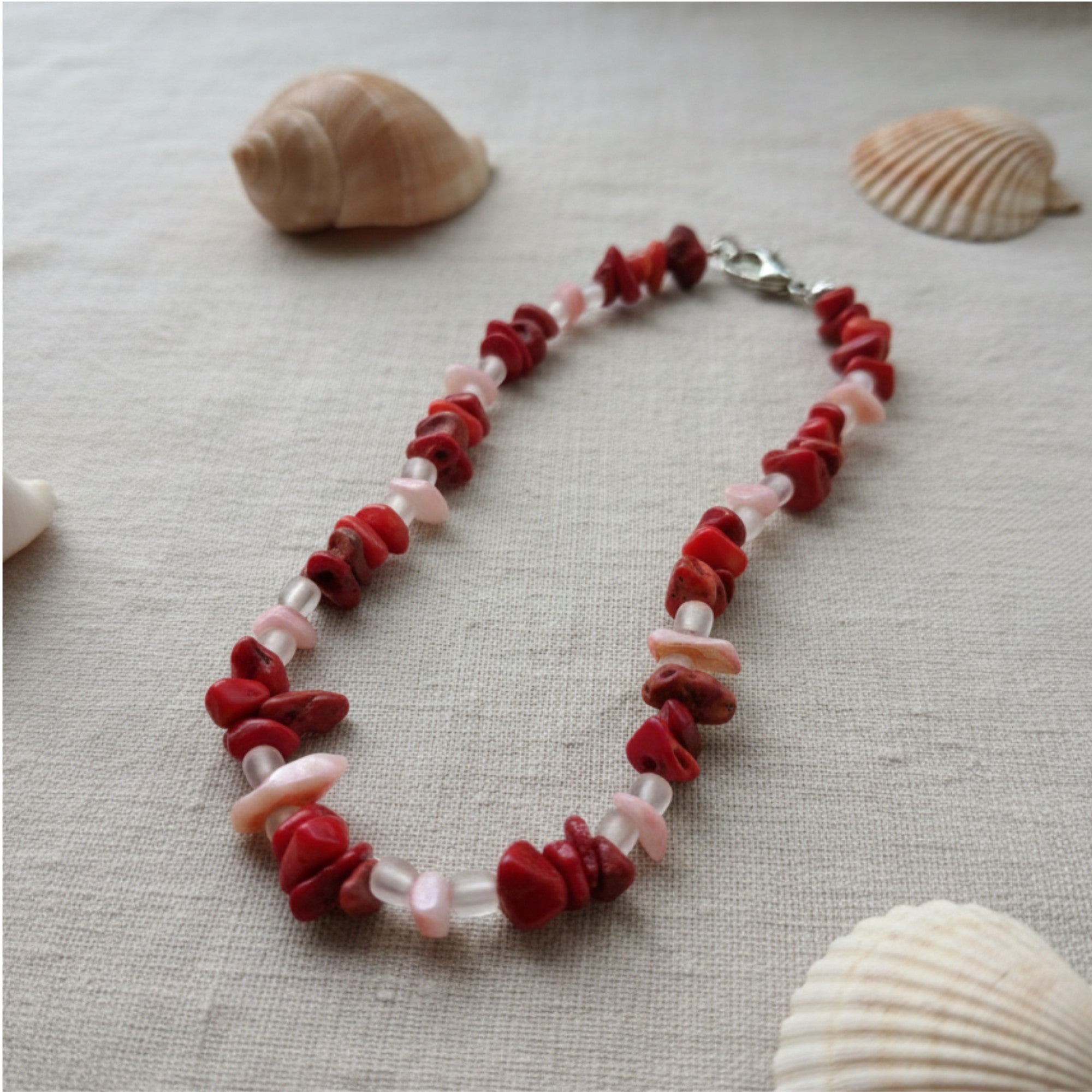 Red & Pink Coral Anklet – Handmade Summer Gemstone Jewelry – Burning Desire