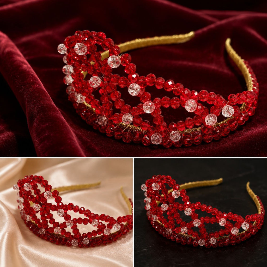 Collage of the handmade Red Queen crown with faceted red glass beads, clear accent beads and gold-tone details, displayed on burgundy velvet, ivory satin and a dark background.