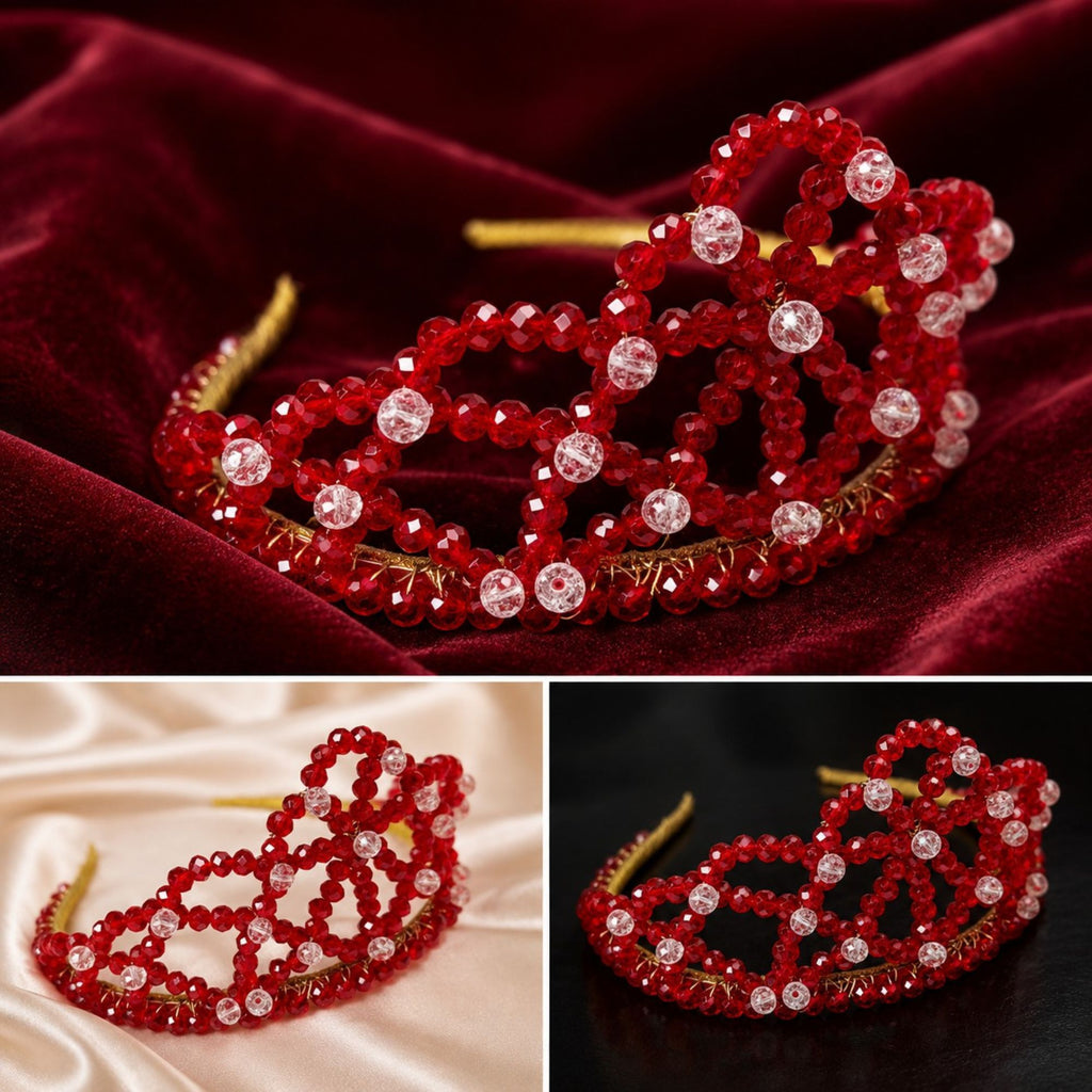 Collage of the handmade Red Queen crown featuring faceted red glass beads, clear accent beads and gold-tone details, displayed on burgundy velvet, ivory satin and a dark background.