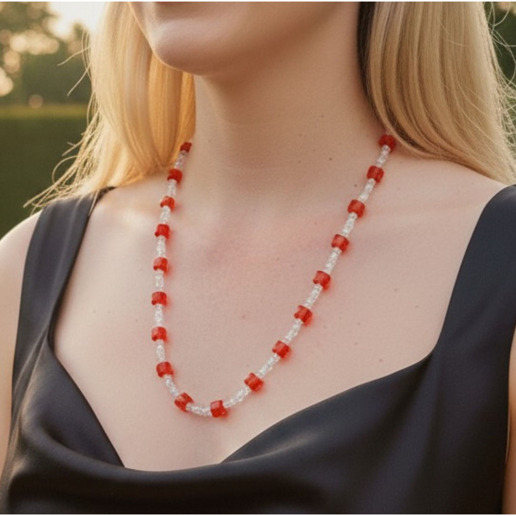 Elegant Red & Crystal Glass Bead Necklace – Red Ice