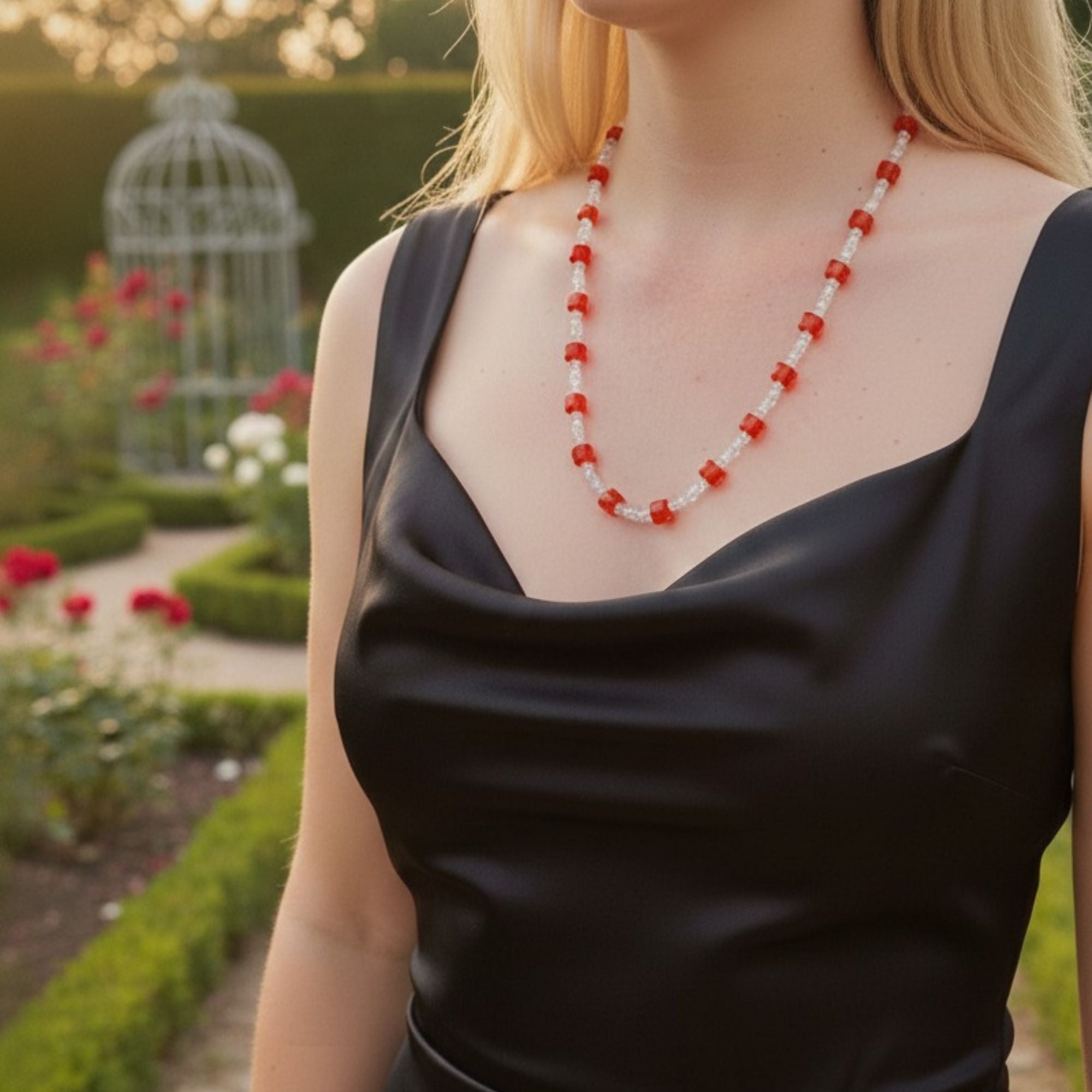 Elegant Red & Crystal Glass Bead Necklace – Red Ice