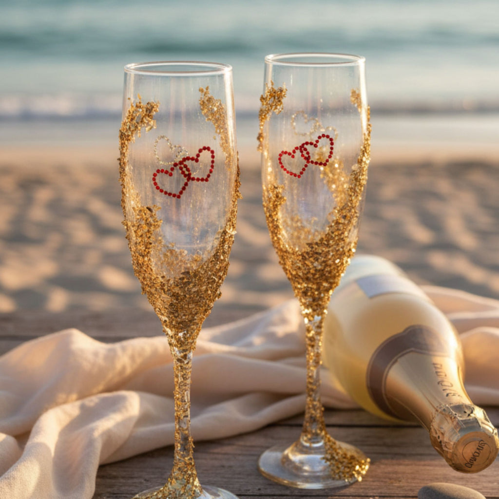 Wedding Champagne Glasses with Red Hearts & Golden Details – Handmade Romantic Bridal Toast Set – Heart of Gold