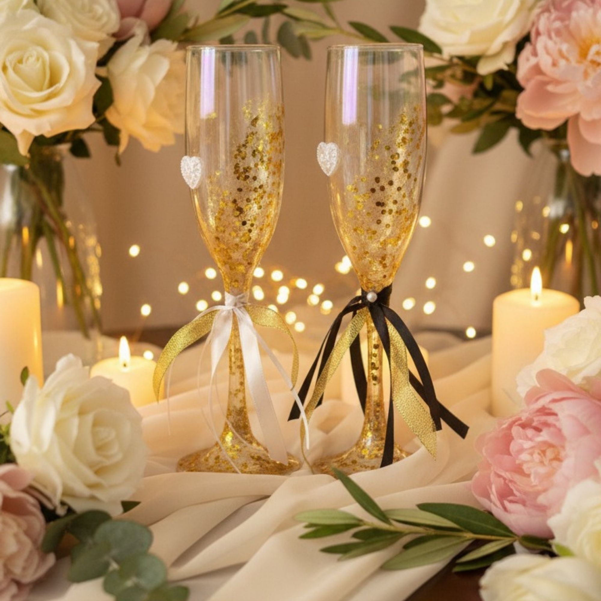 Gold Wedding Champagne Glasses with Golden Details & Satin Ribbons – Handmade Bridal Toast Set – Golden Celebration