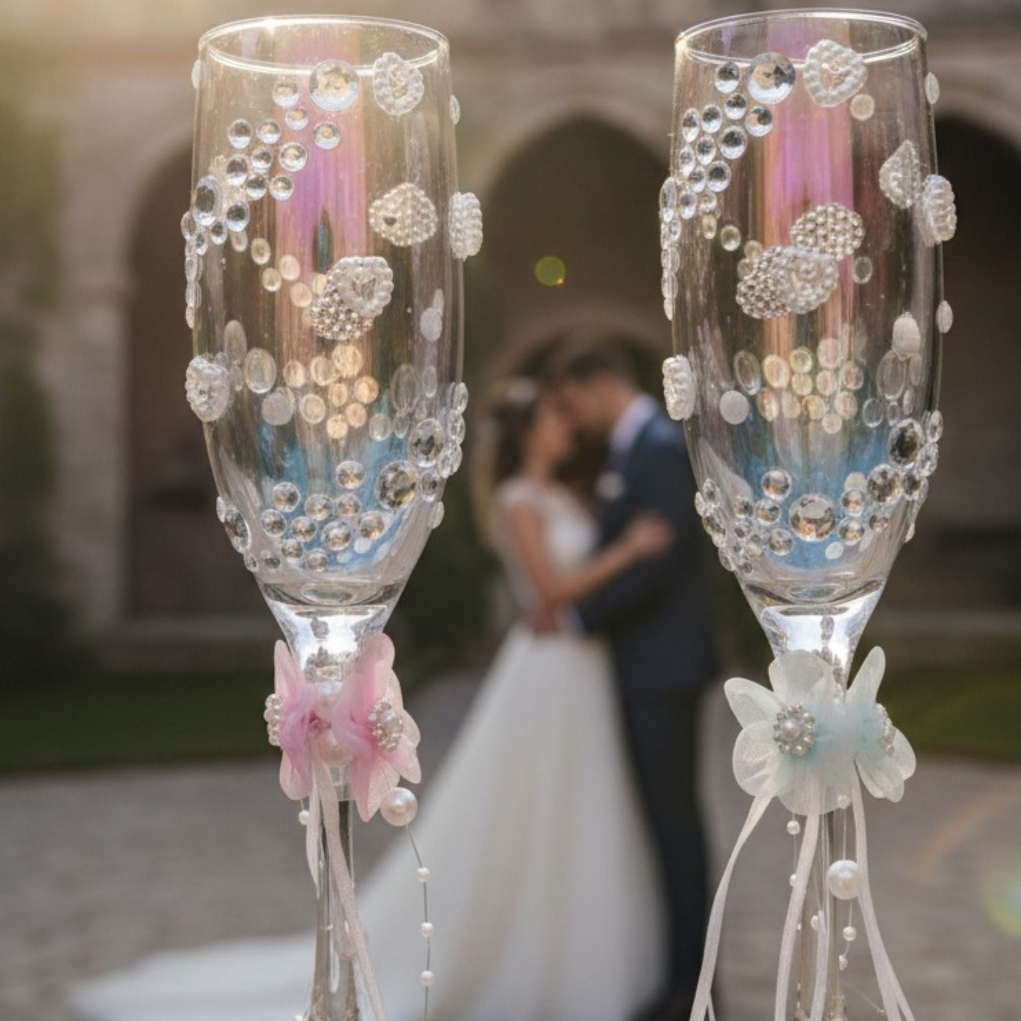 Wedding Champagne Glasses with Rhinestones, Pearls & Floral Details – Handmade Romantic Bridal Toast Set – Nova Petal