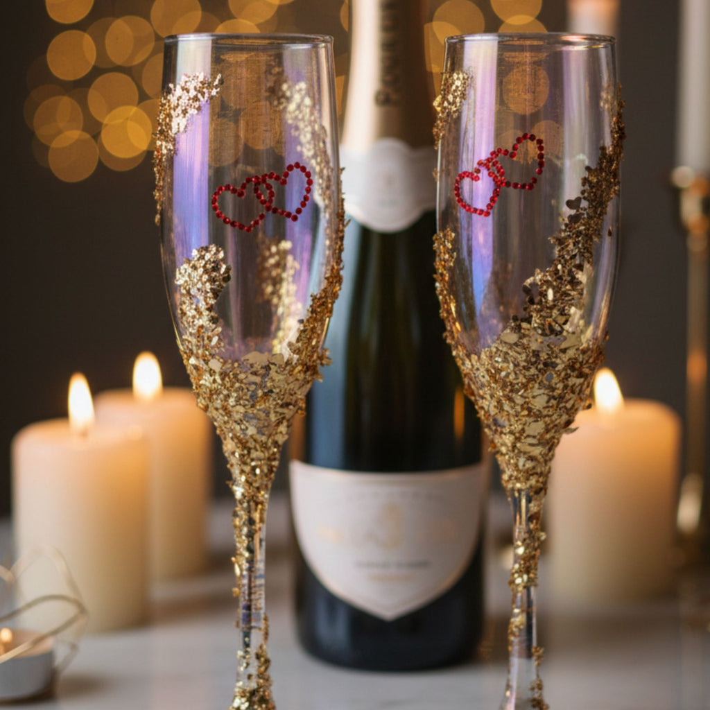 Wedding Champagne Glasses with Red Hearts & Golden Details – Handmade Romantic Bridal Toast Set – Heart of Gold