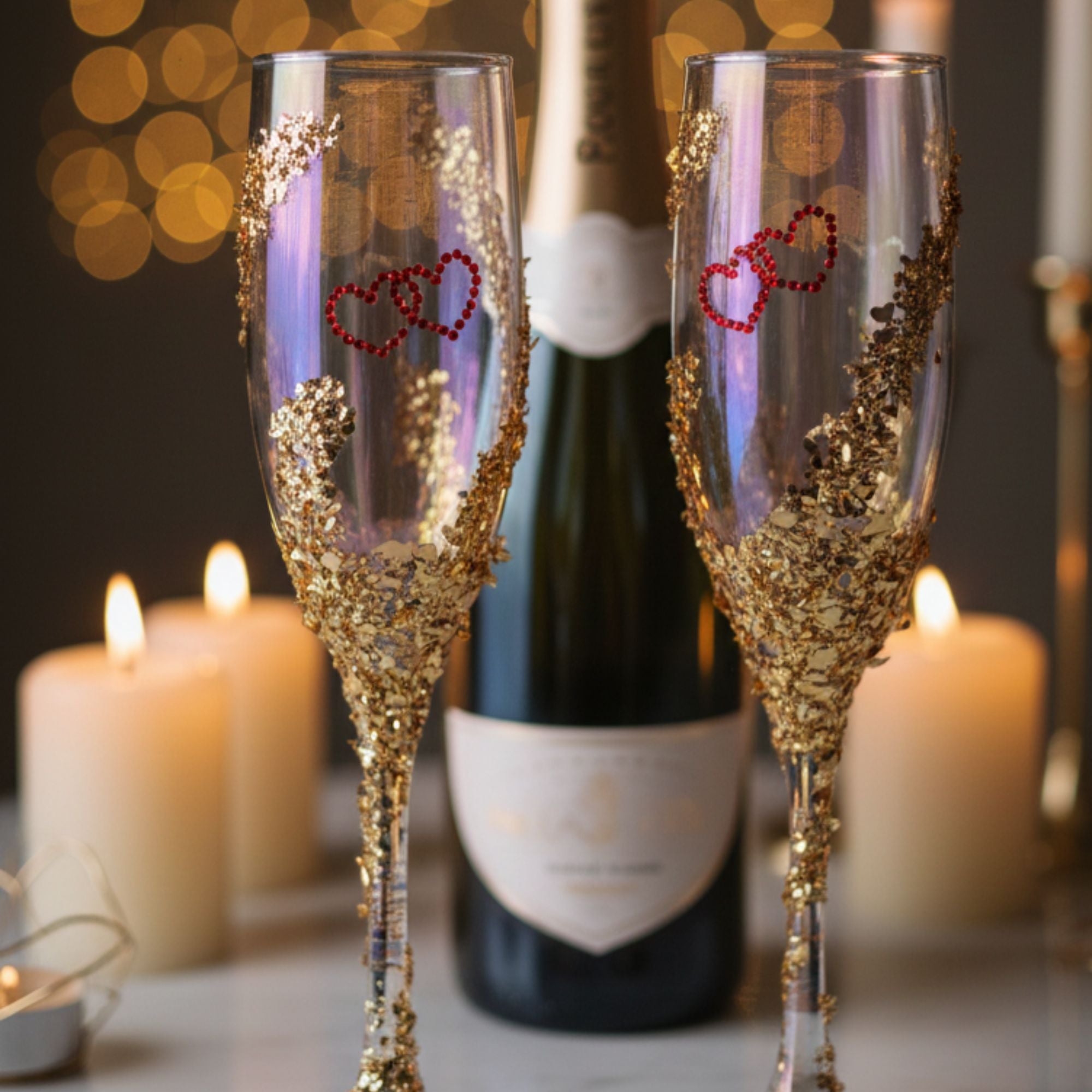 Wedding Champagne Glasses with Red Hearts & Golden Details – Handmade Romantic Bridal Toast Set – Heart of Gold