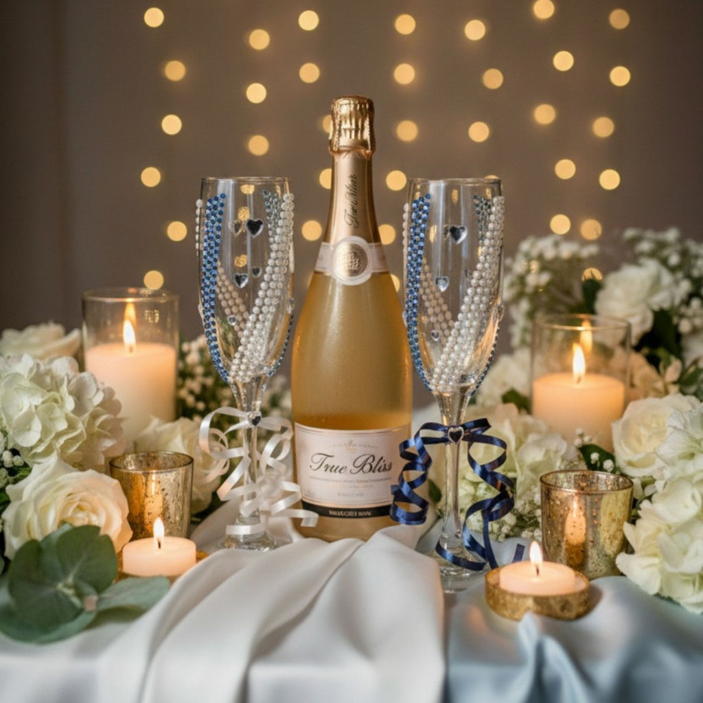Blue Wedding Champagne Glasses with Pearls & Crystal Accents – Handmade Something Blue Bridal Toast Set – True Bliss