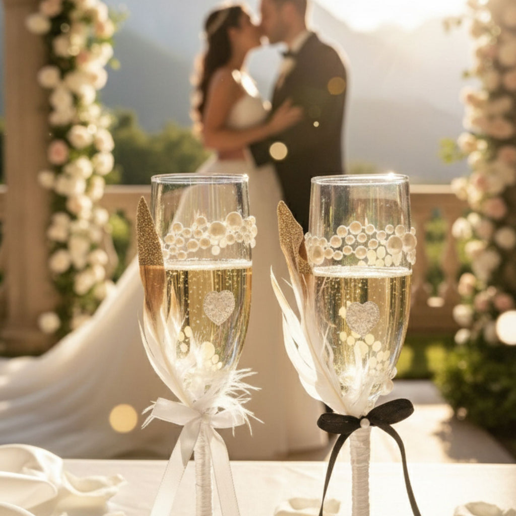 Wedding Champagne Glasses with Pearls, Ribbons & Heart Detail – Handmade Romantic Bridal Toast Set – Love Sparkle