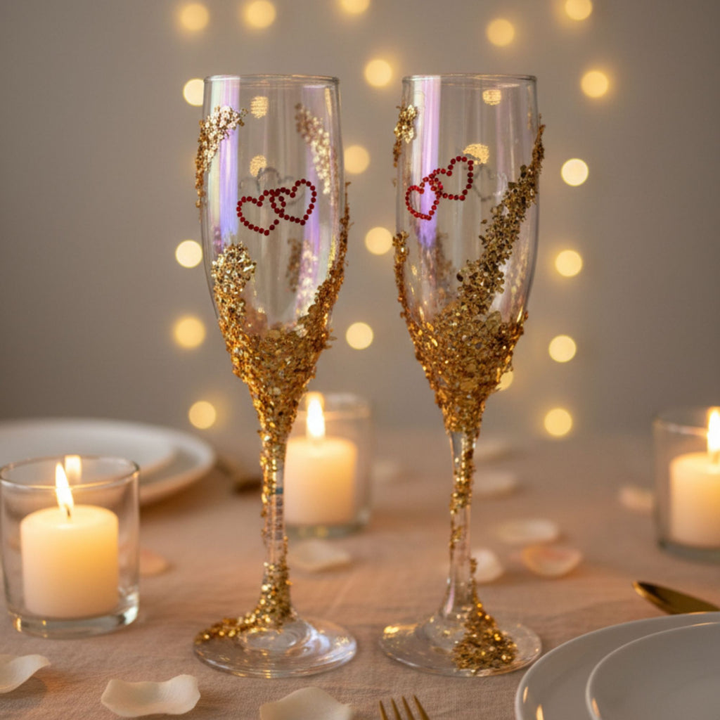 Wedding Champagne Glasses with Red Hearts & Golden Details – Handmade Romantic Bridal Toast Set – Heart of Gold