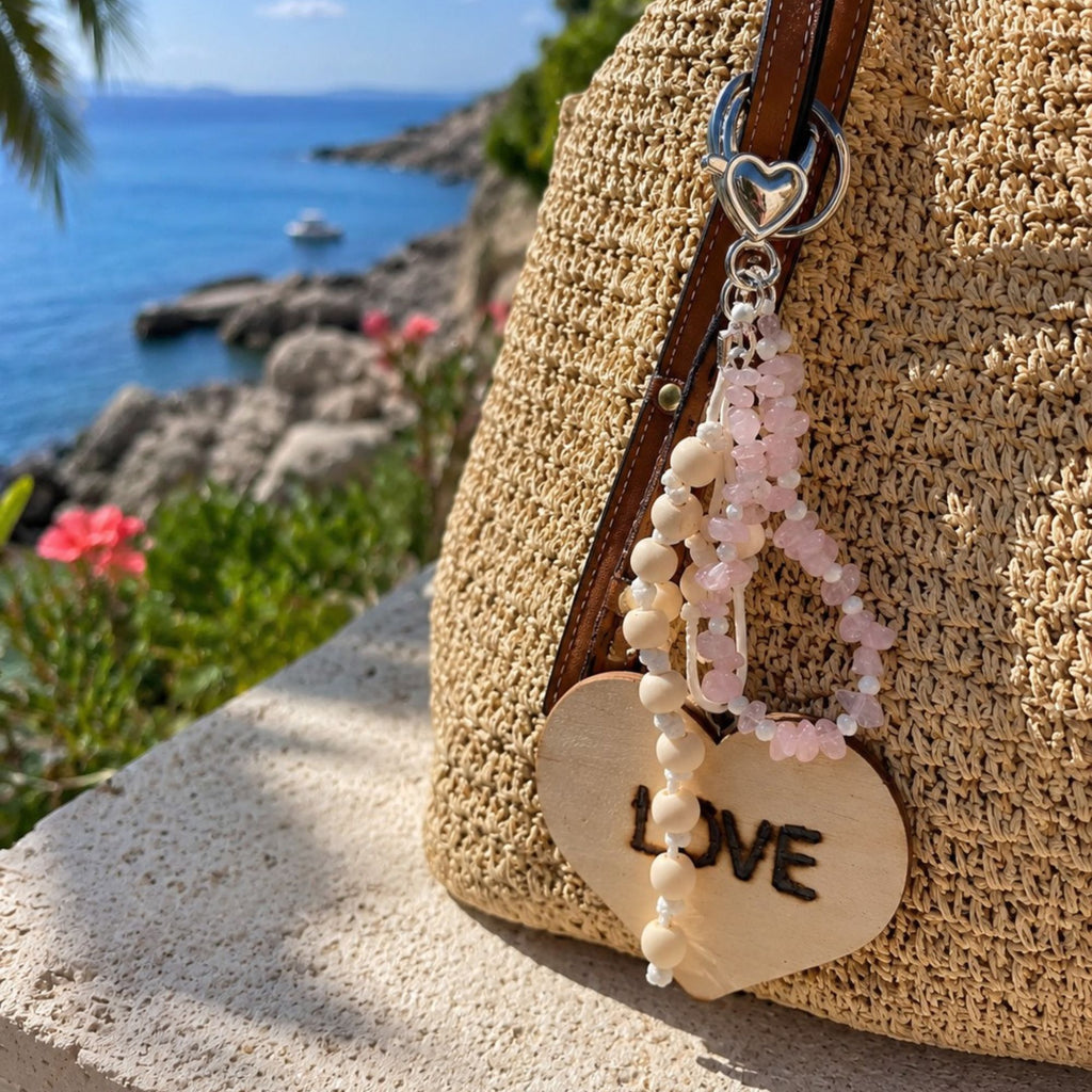 Handmade Amora bag charm with soft pink rose quartz gemstone chips, natural wooden beads and hand-knotted white cord, finished with a large wooden heart featuring burned-in “LOVE” lettering and a silver-tone heart clasp. Shown on a woven summer bag overlooking the blue sea, this romantic boho accessory combines natural materials, delicate blush tones and handcrafted charm.