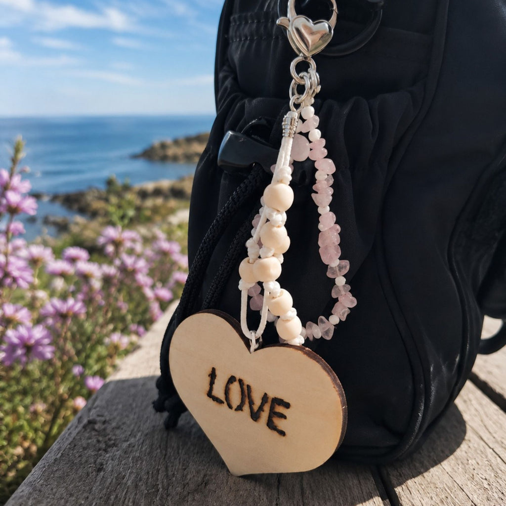 Handmade Amora bag charm with pale pink rose quartz gemstone chips, natural wooden beads, small white accent beads and hand-knotted white cord. A large wooden heart with burned-in “LOVE” lettering and a silver-tone heart-shaped clasp complete the romantic design. Shown on a black handbag by the blue sea with seashells, highlighting the soft pink gemstones and natural handcrafted details.