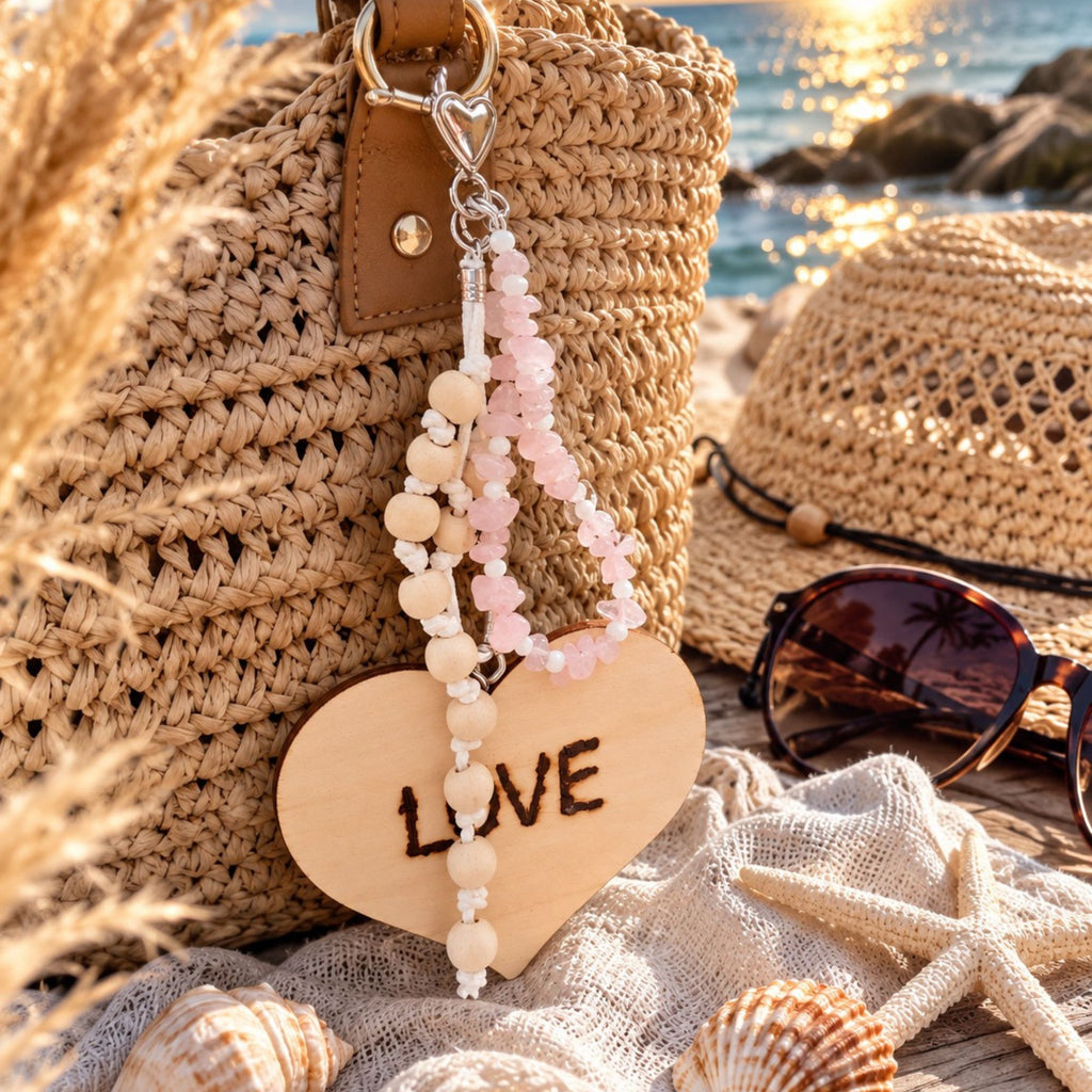 Handmade Amora statement bag charm featuring soft pink rose quartz gemstone chips, delicate white beads, natural wooden beads and a large wooden heart engraved with “LOVE”. The romantic boho-style handbag accessory hangs from a woven summer bag in a warm seaside setting, highlighting its handcrafted details, soft blush tones and unique heart-shaped clasp.