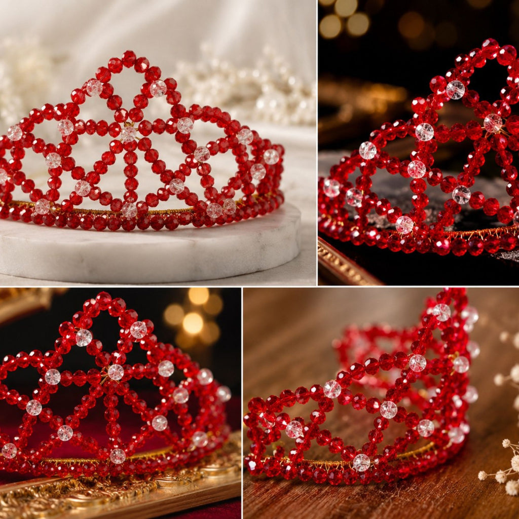 Collage of the handmade Red Queen crown featuring faceted red glass beads, clear accent beads and gold-tone details, shown from different angles in elegant settings.