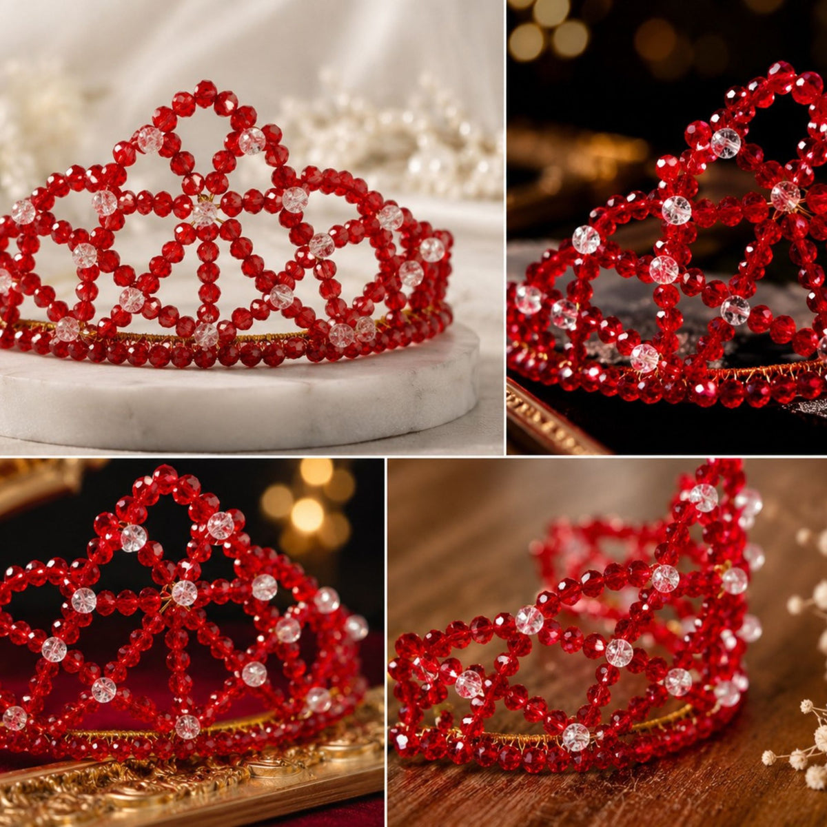 Collage of the handmade Red Queen crown featuring faceted red glass beads, clear accent beads and gold-tone details, shown from different angles in elegant settings.