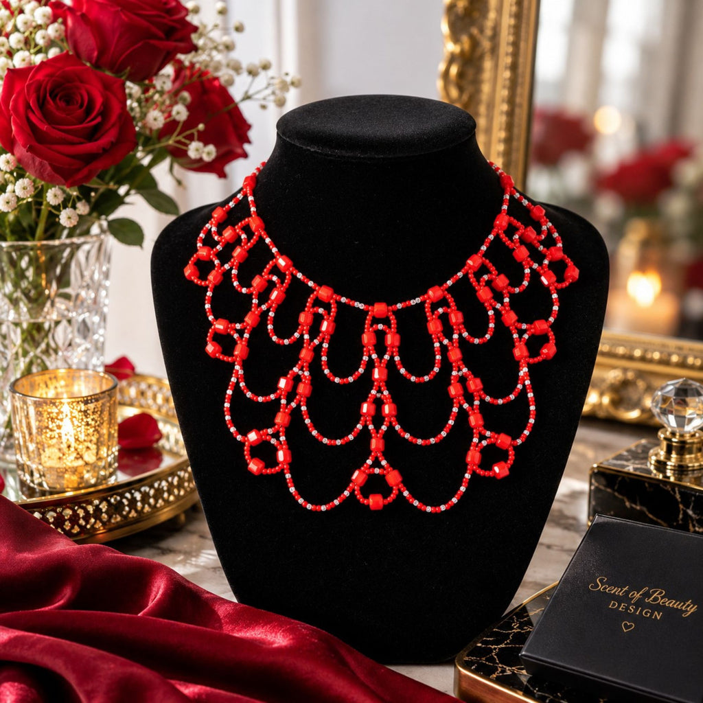 Scarlet Queen Statement-Halskette aus roten und transparenten Glasperlen, handgefertigt in einem aufwendigen mehrreihigen Design. Präsentiert auf einer schwarzen Schmuckbüste mit roten Rosen, rotem Samt und goldenen Details. Die geschwungenen Perlenbögen und leuchtend roten Glasperlen zeigen den eleganten, ausdrucksstarken Charakter der Halskette.