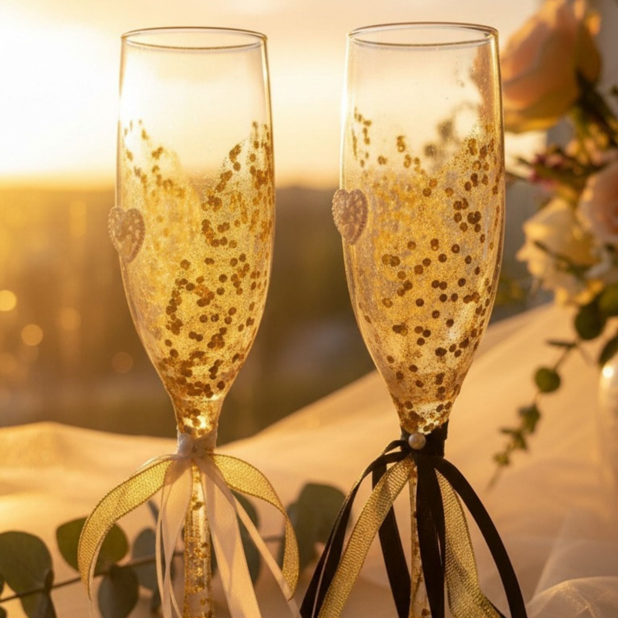 Gold Wedding Champagne Glasses with Golden Details & Satin Ribbons – Handmade Bridal Toast Set – Golden Celebration