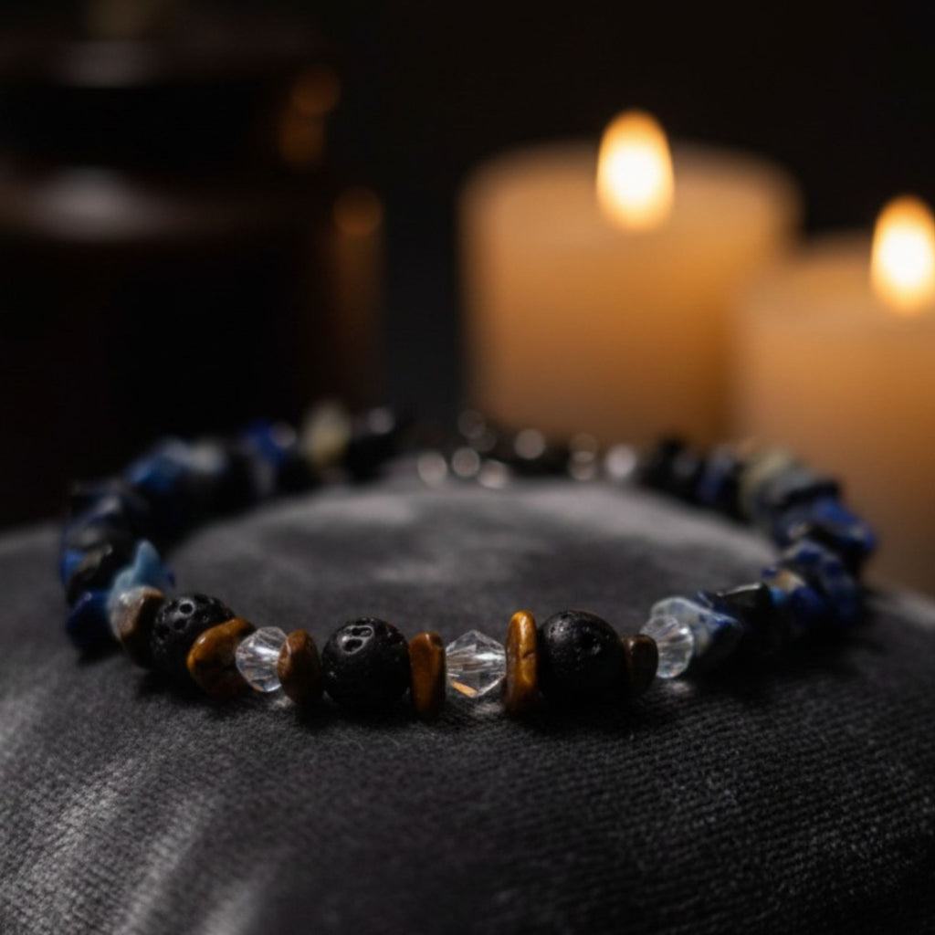 Lapis, Onyx & Tiger’s Eye Gemstone Bracelet – Handmade Protection Jewelry – Midnight Warrior