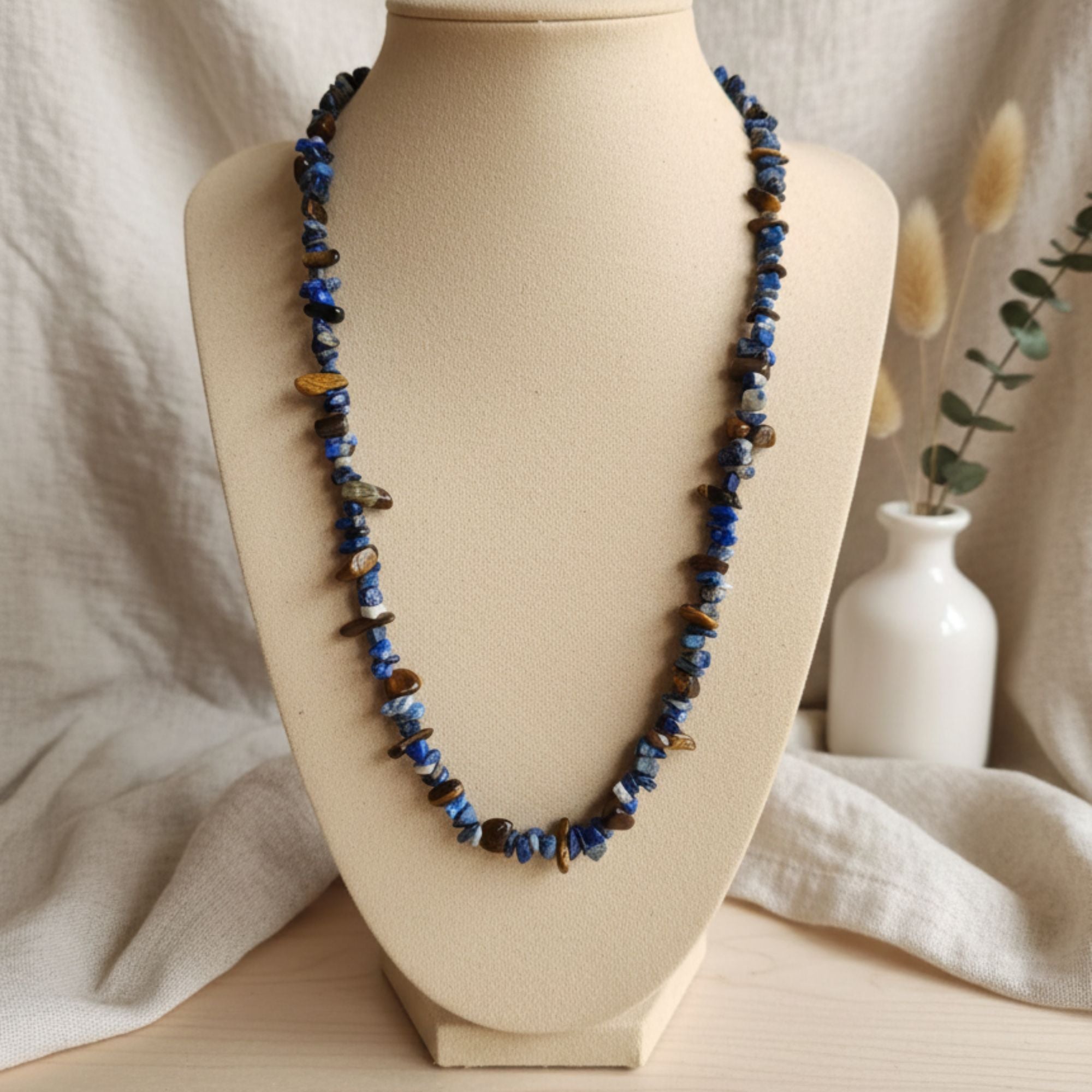 Blue Lapis and Tiger’s Eye Bead Necklace – Warrior’s Sky