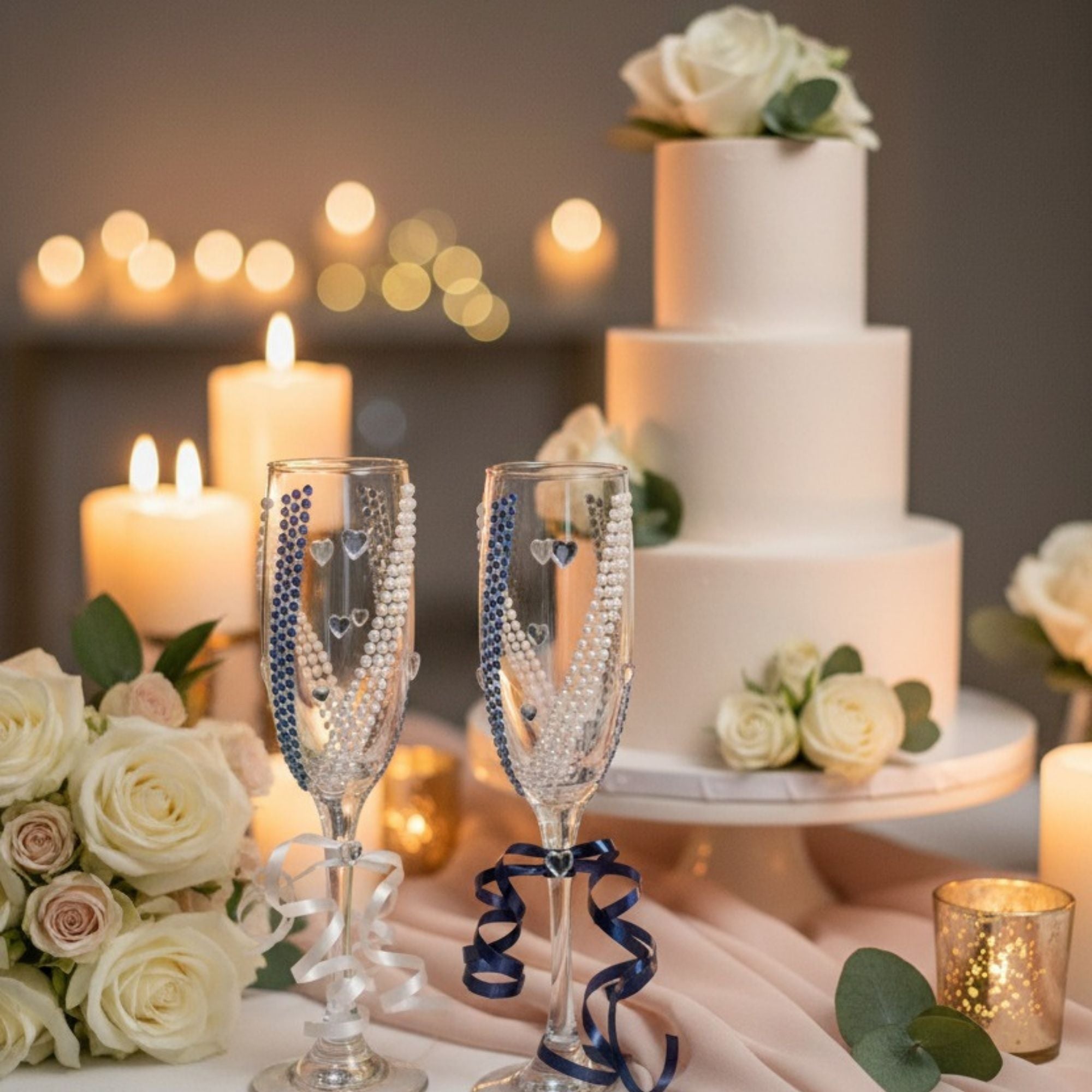 Blue Wedding Champagne Glasses with Pearls & Crystal Accents – Handmade Something Blue Bridal Toast Set – True Bliss