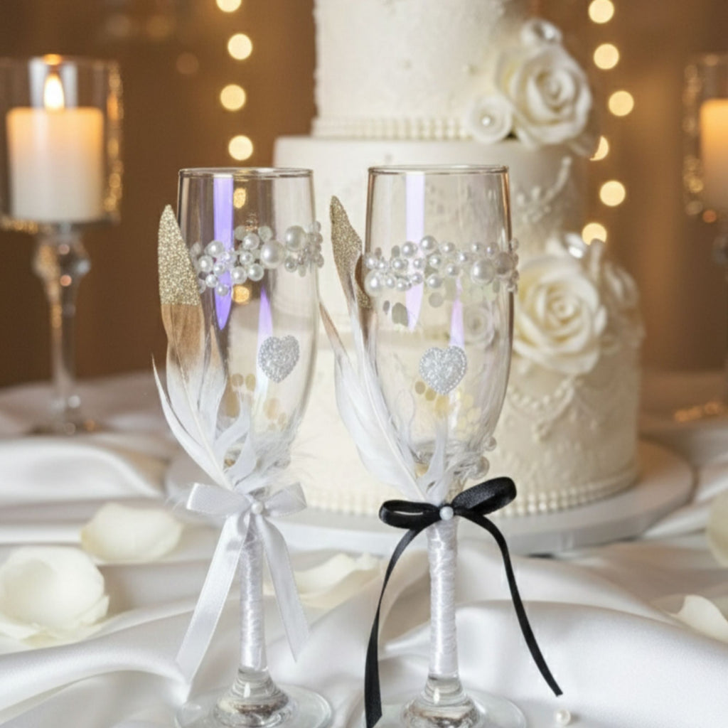 Wedding Champagne Glasses with Pearls, Ribbons & Heart Detail – Handmade Romantic Bridal Toast Set – Love Sparkle