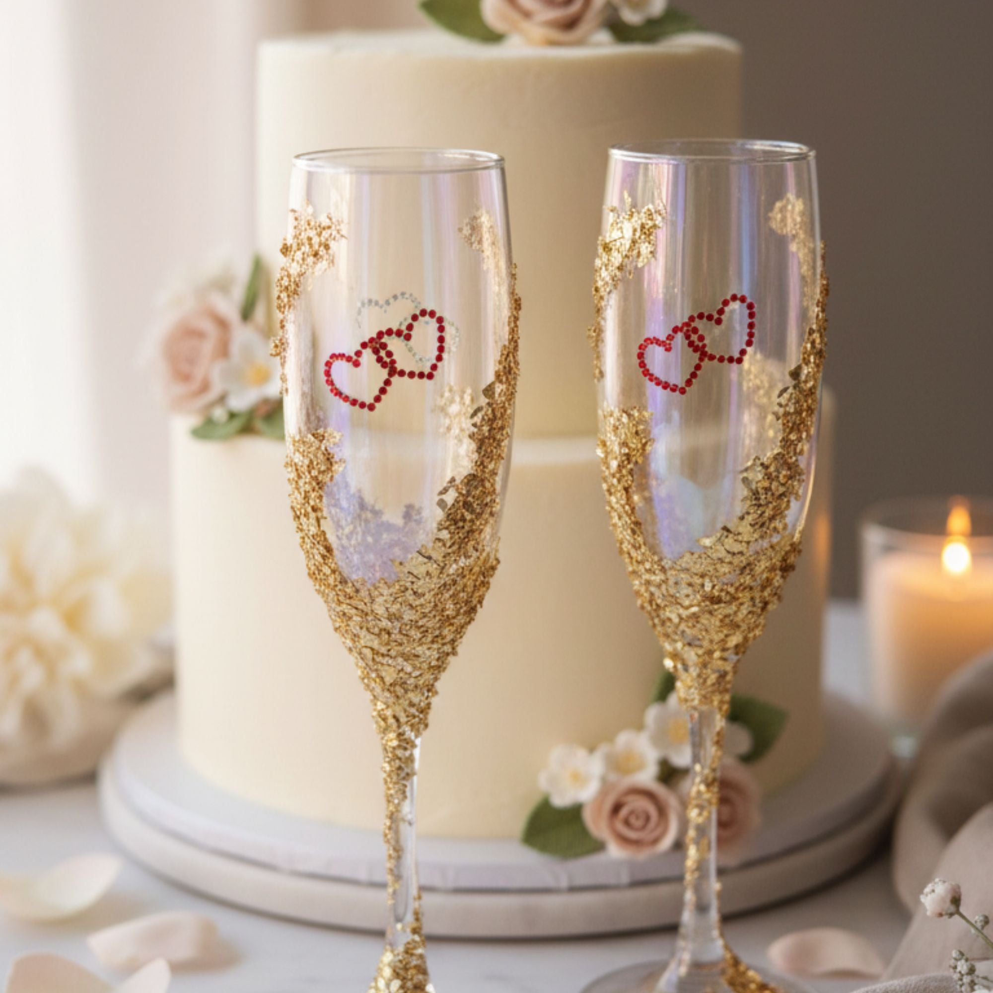 Wedding Champagne Glasses with Red Hearts & Golden Details – Handmade Romantic Bridal Toast Set – Heart of Gold