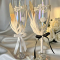Wedding Champagne Glasses with Pearls, Ribbons & Heart Detail – Handmade Romantic Bridal Toast Set – Love Sparkle