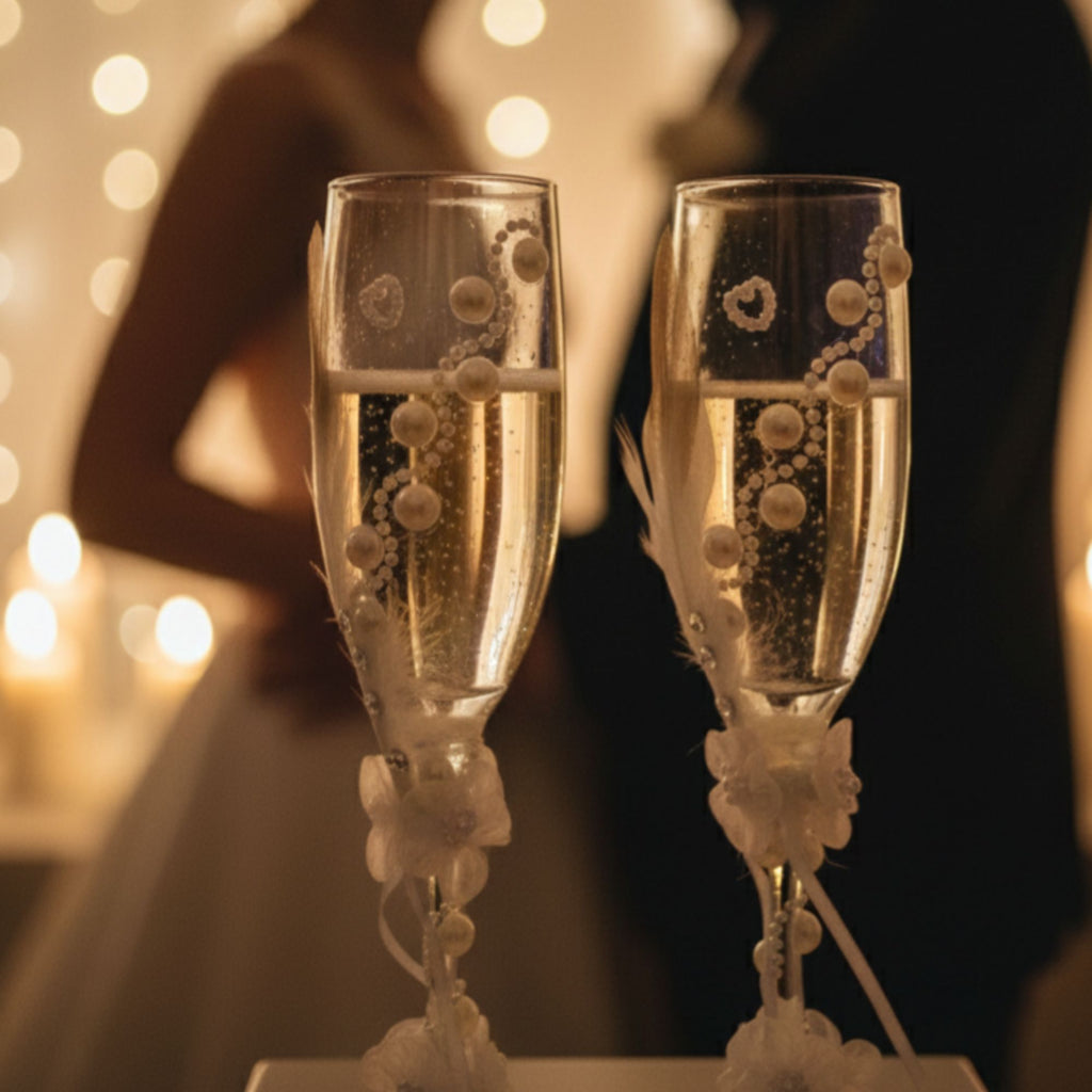 Wedding Champagne Glasses with Pearls, Feathers & Floral Details – Handmade Romantic Bridal Toast Set – Pearl Romance