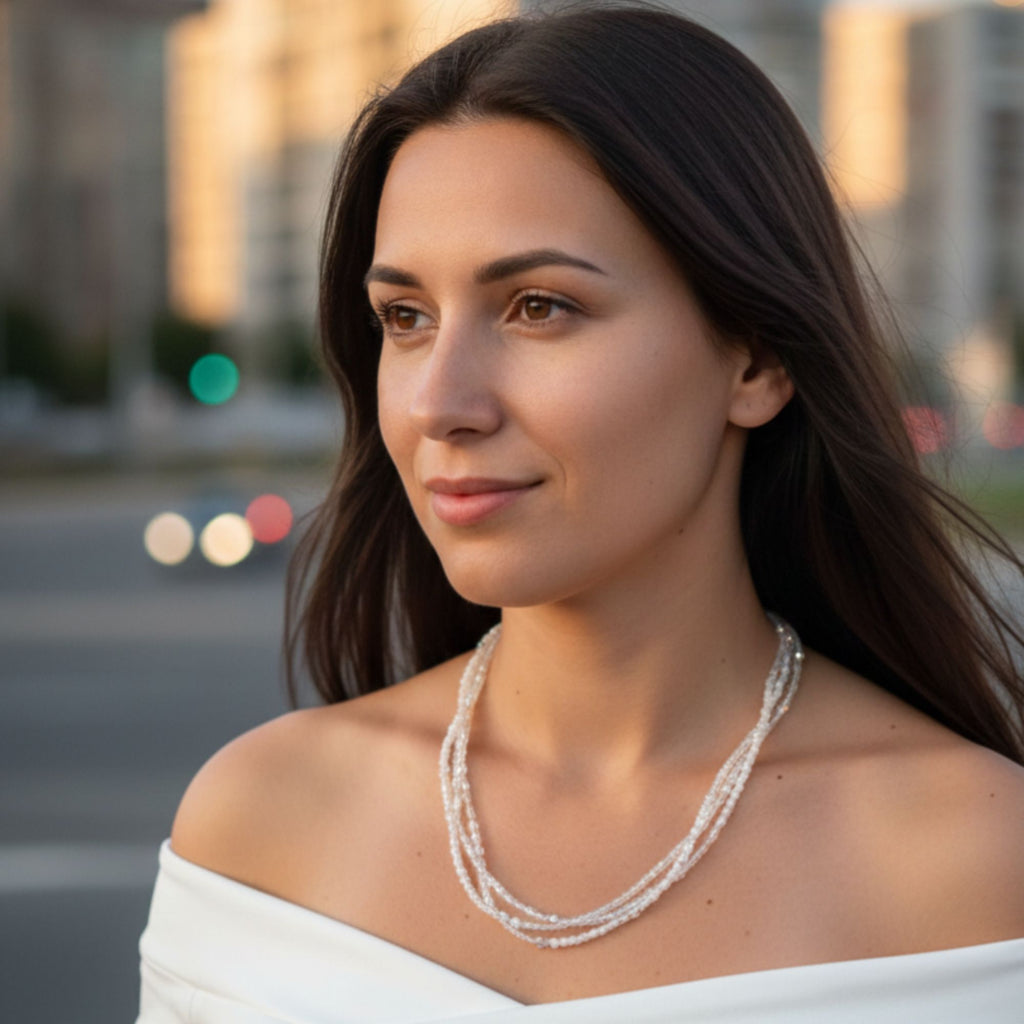 White Multi-Strand Glass Bead Necklace – Frosted Elegance