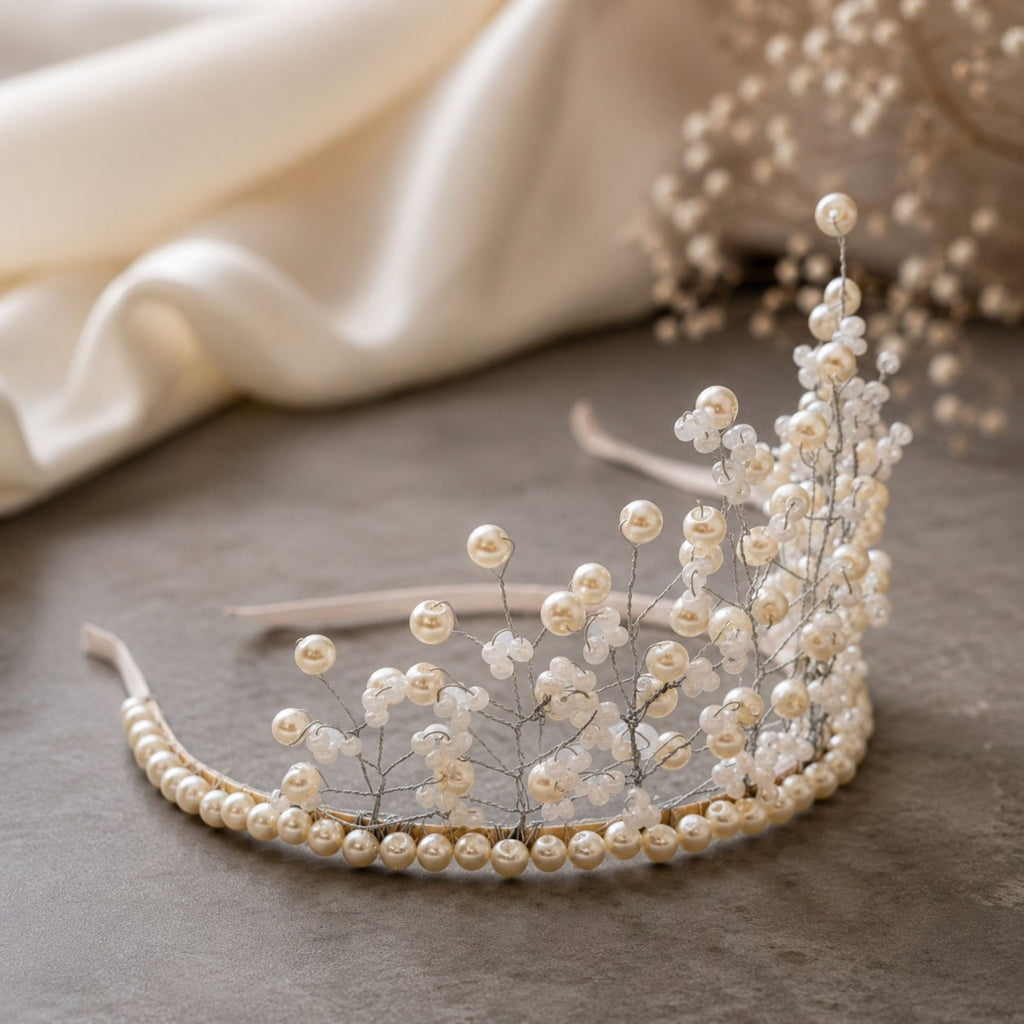 Handmade White Grace bridal crown with ivory pearls and delicate translucent glass beads on silver wire, shown from the side on an elegant neutral background.