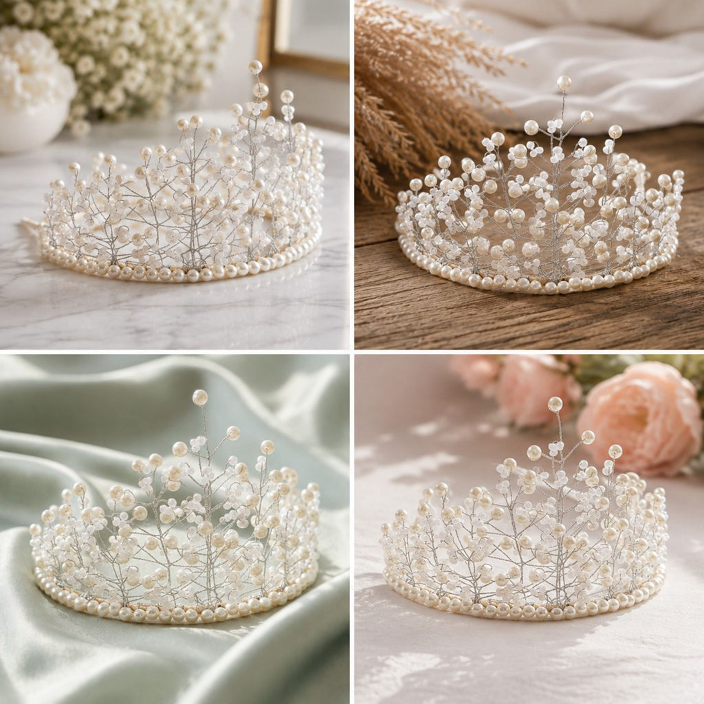 White Grace handmade bridal crown with ivory pearls, translucent glass beads and delicate silver wire branches, shown in four elegant wedding-style settings.