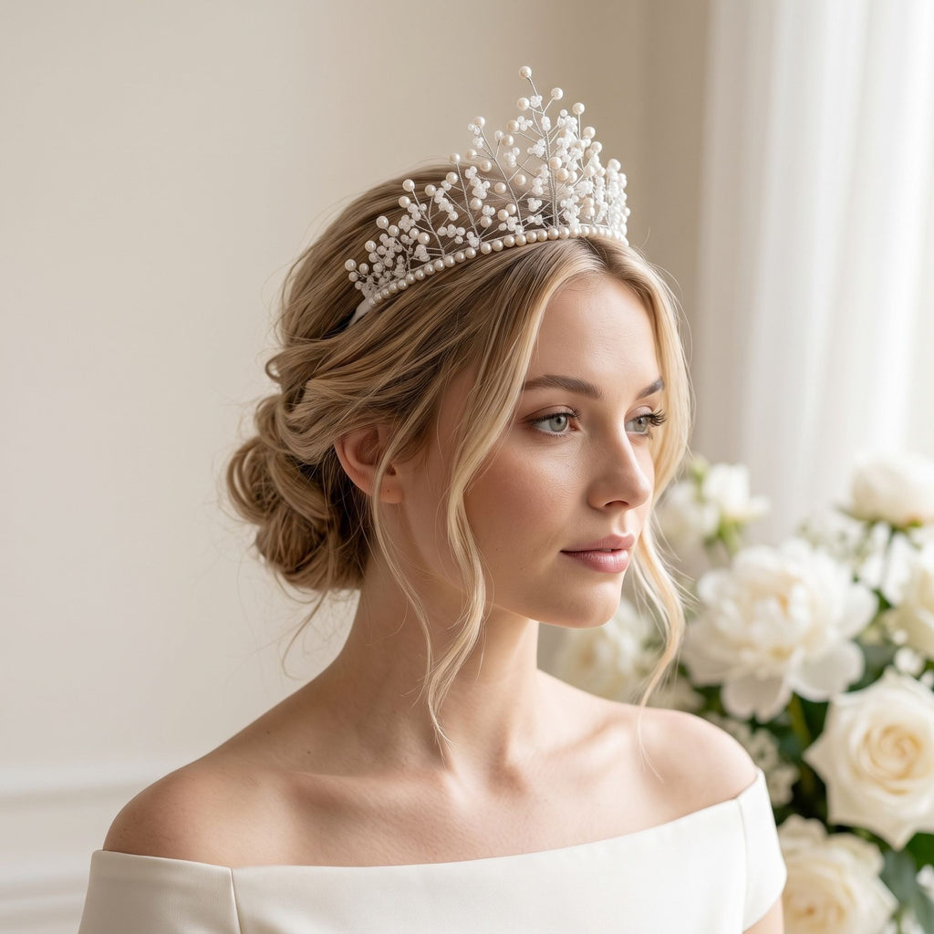 Bride wearing the handmade White Grace pearl crown with ivory pearls and delicate translucent glass beads, styled with an elegant bridal updo and white wedding dress.