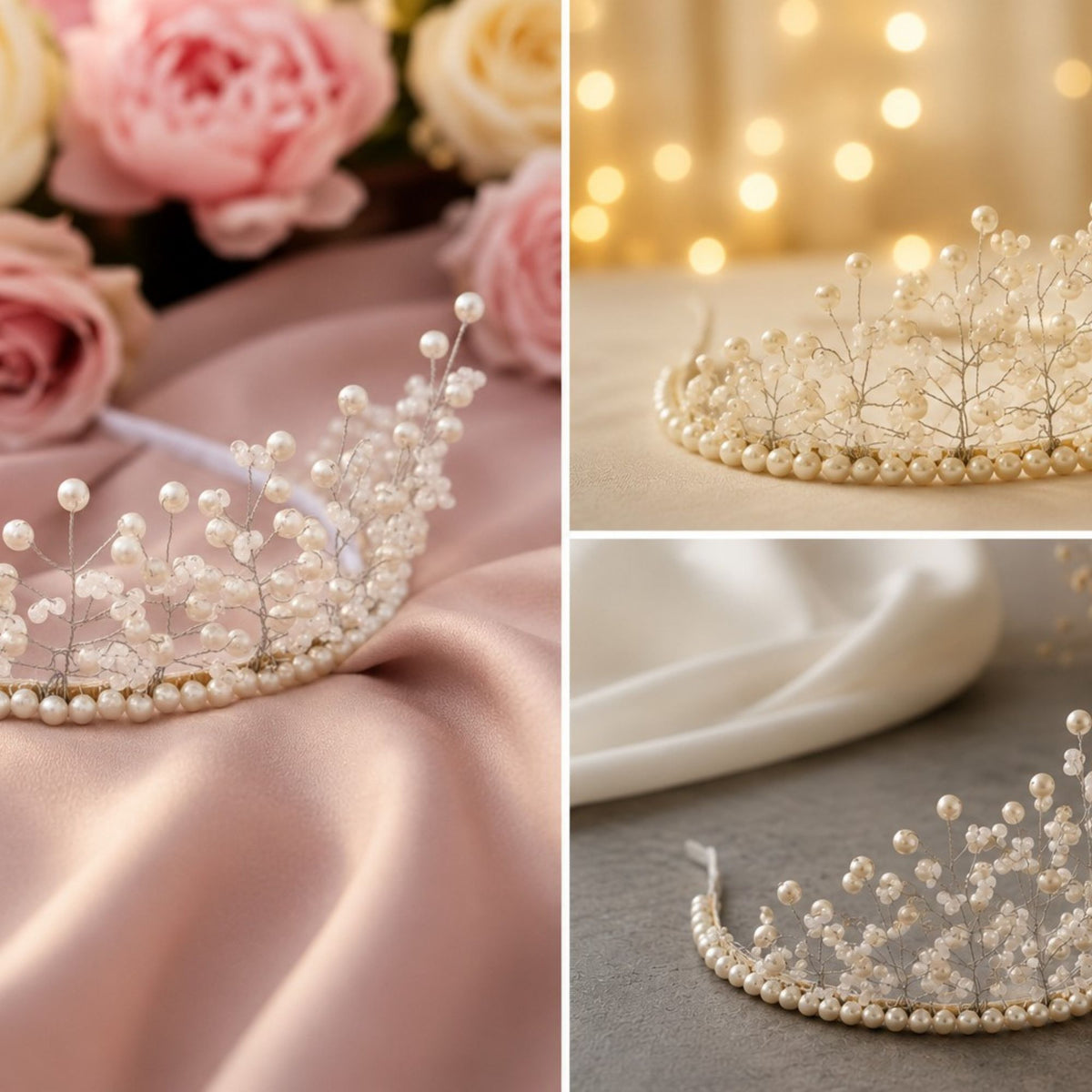White Grace handmade pearl bridal crown shown in three romantic settings with ivory pearls, translucent glass beads and delicate silver wire branches.