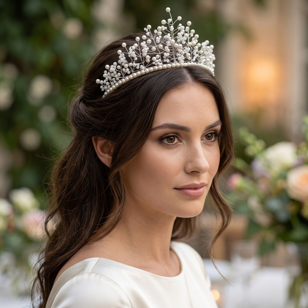 Bride wearing the handmade White Grace pearl bridal crown with ivory pearls, translucent glass beads and delicate silver wire branches in an elegant wedding setting.