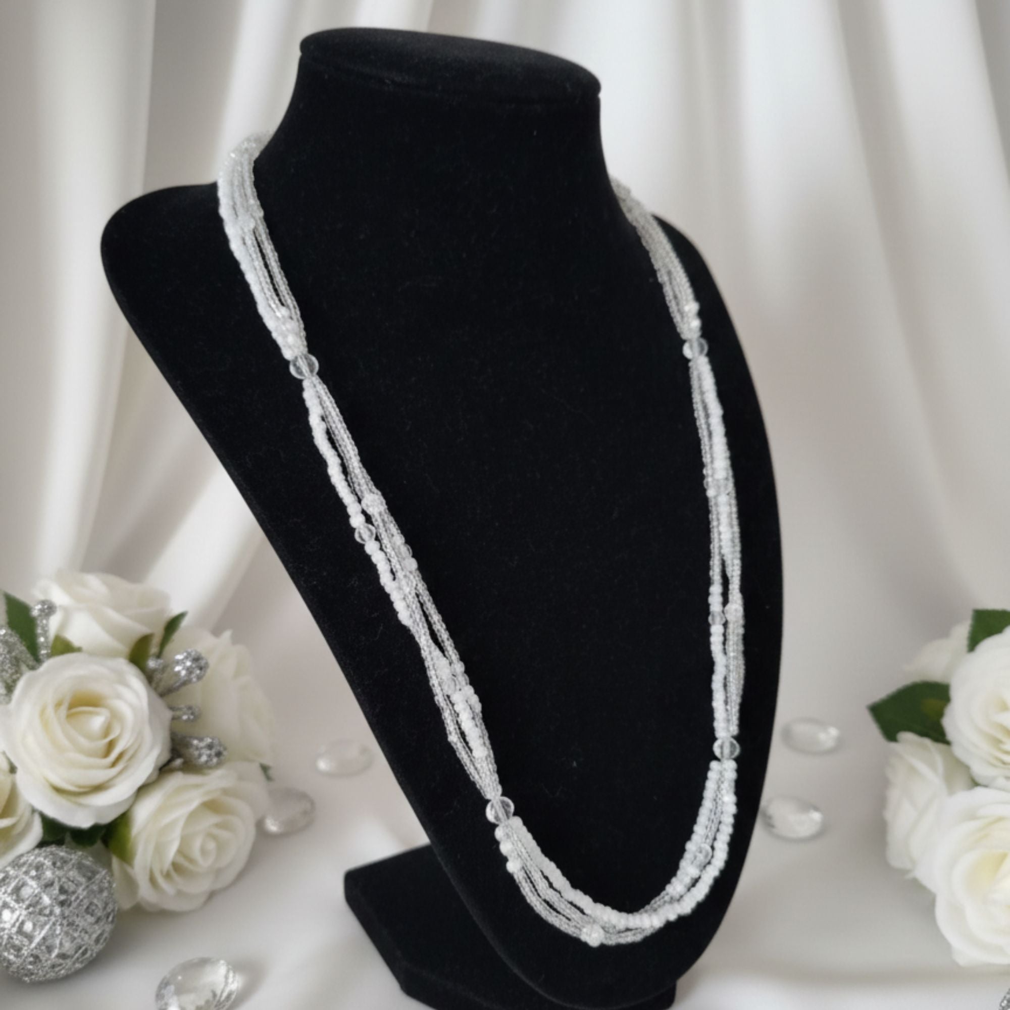 White Multi-Strand Glass Bead Necklace – Frosted Elegance