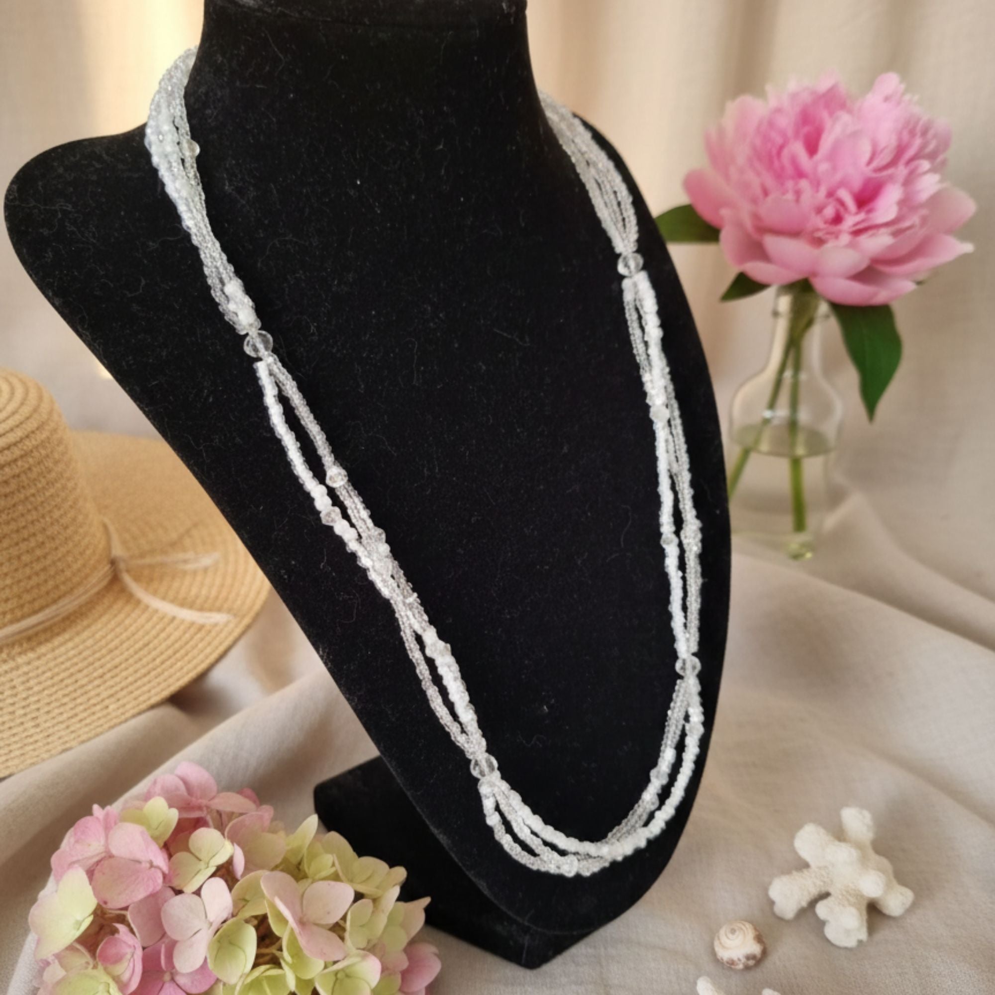 White Multi-Strand Glass Bead Necklace – Frosted Elegance