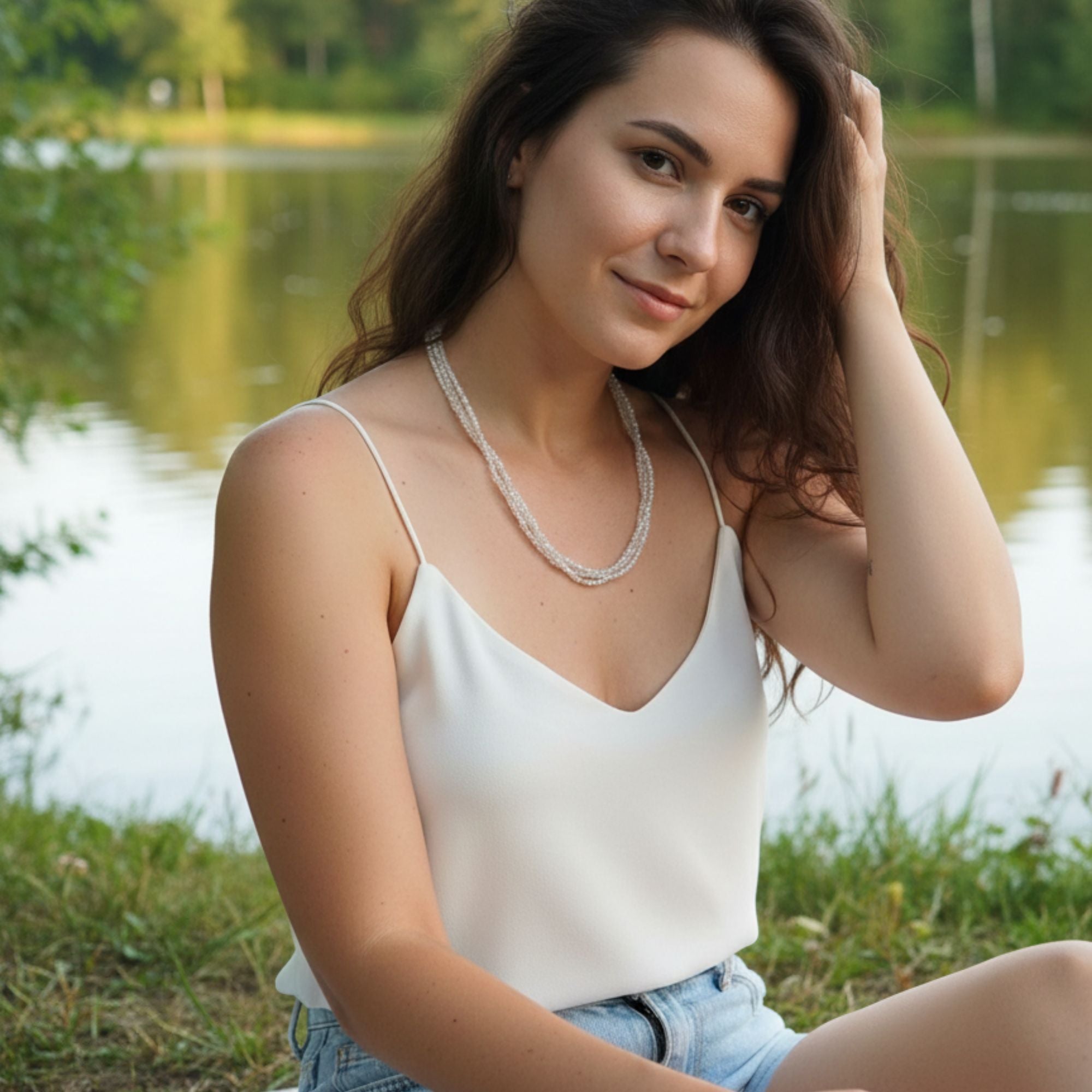White Multi-Strand Glass Bead Necklace – Frosted Elegance