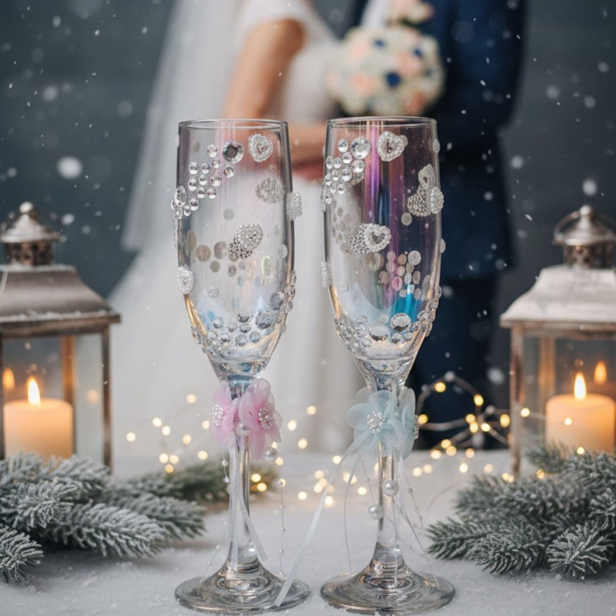 Wedding Champagne Glasses with Rhinestones, Pearls & Floral Details – Handmade Romantic Bridal Toast Set – Nova Petal